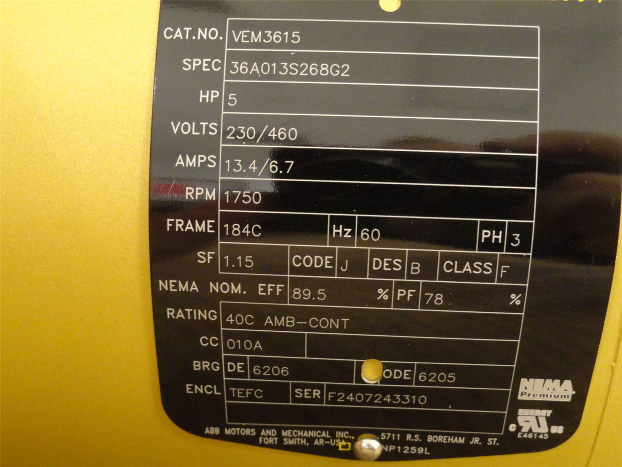 Baldor VEM3615; AC Motor; 5HP; 230/460V; 1750RPM; 3PH; 60HZ