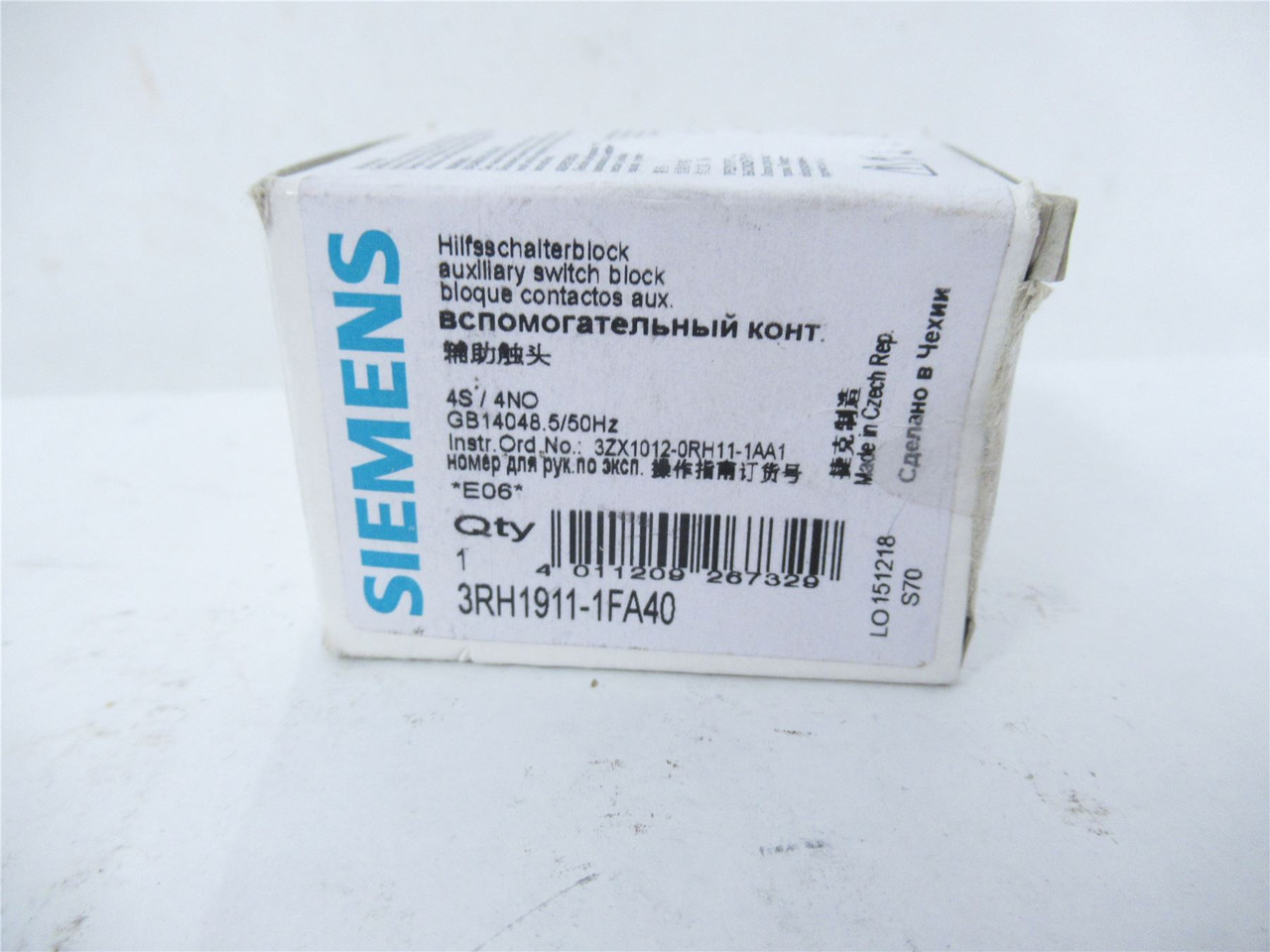 Siemens 3RH1911-1FA40; Aux Switch Block 10 AMP 240VAC