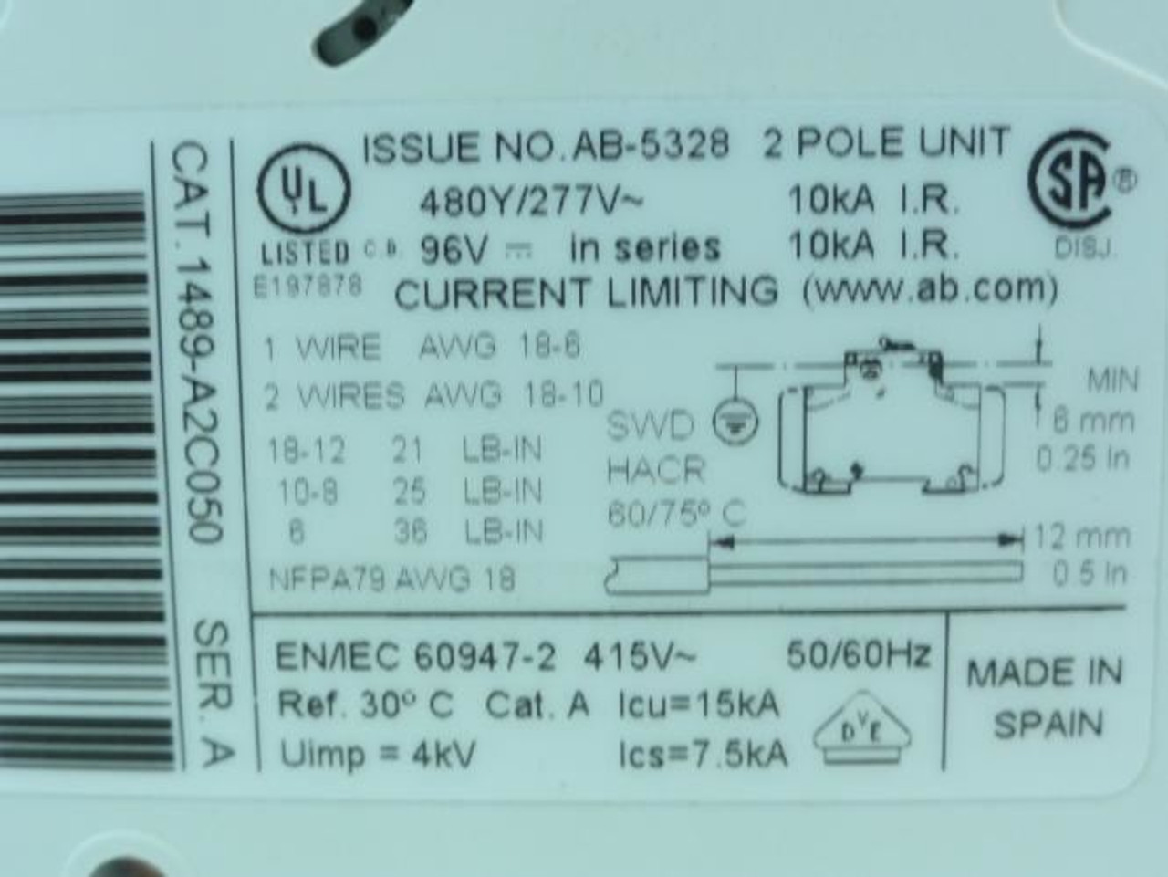 Allen-Bradley 1489-A2C050; Mini Circuit Breaker 5A; 277/480VAC