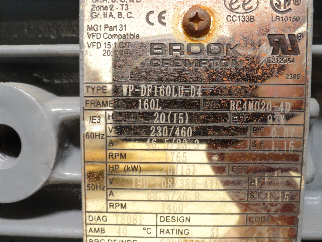 Brook-Crompton BC4M020-4D; AC Motor; 20HP; 230/460V; 1460RPM; 3PH