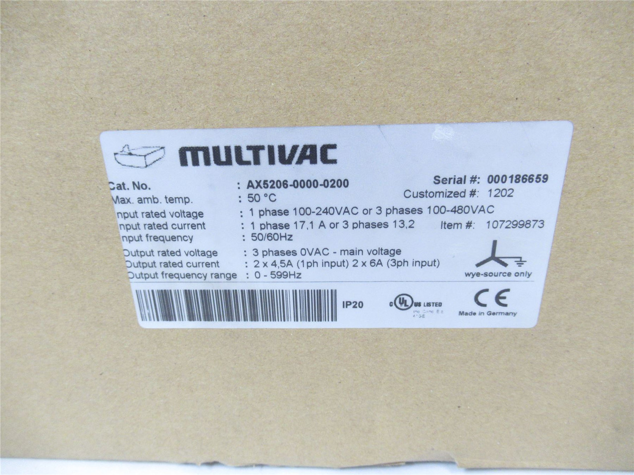 Multivac AX5208-0000-0200; Servo Controller 1 Phase or3 phase Multivac AX5208-0000-0200; Servo Controller 1 Phase or3 phase