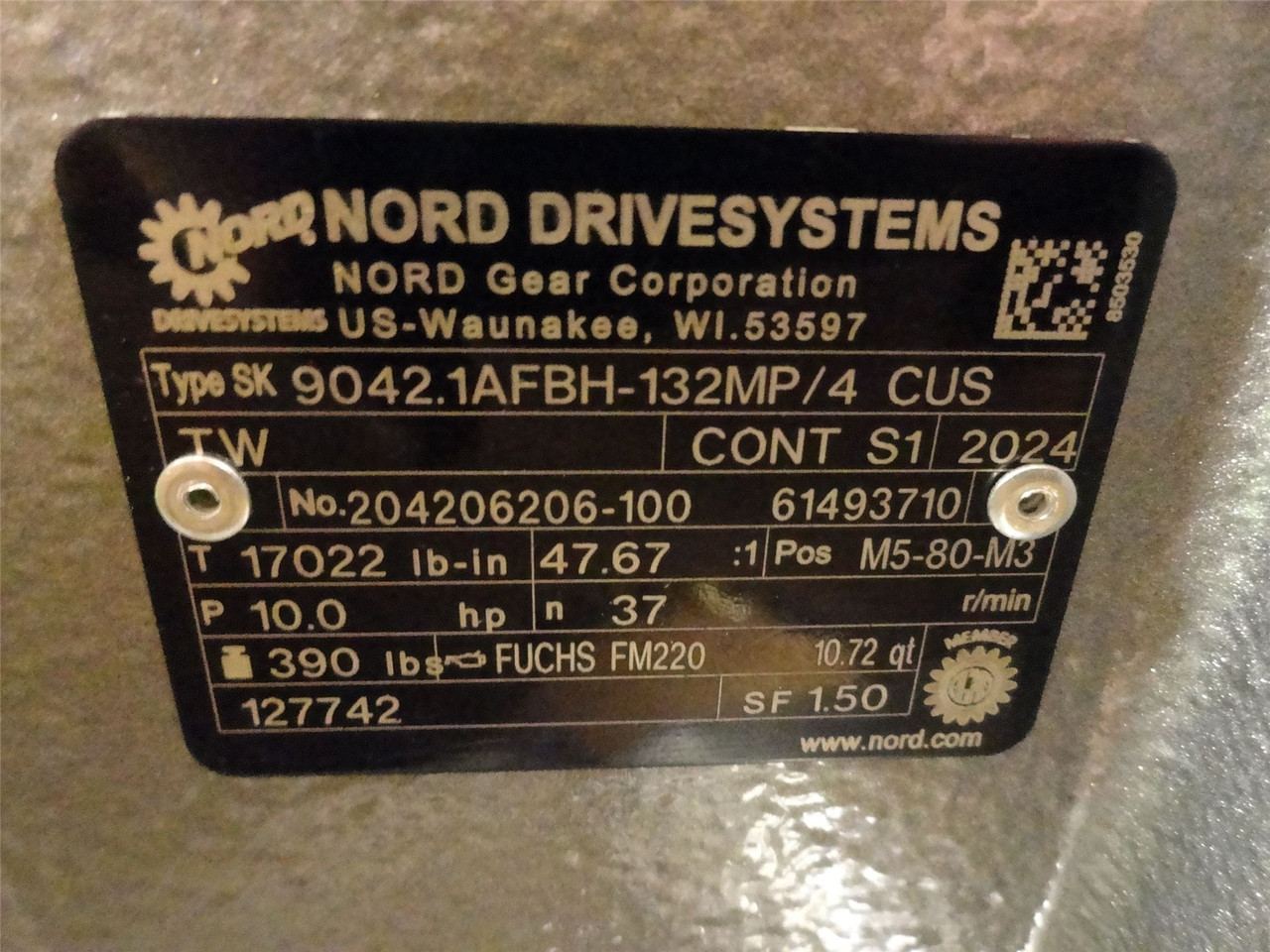 Nord SK 9042.1AFBH-132MP/4; GearMotor 10HP 47.67:1Ratio