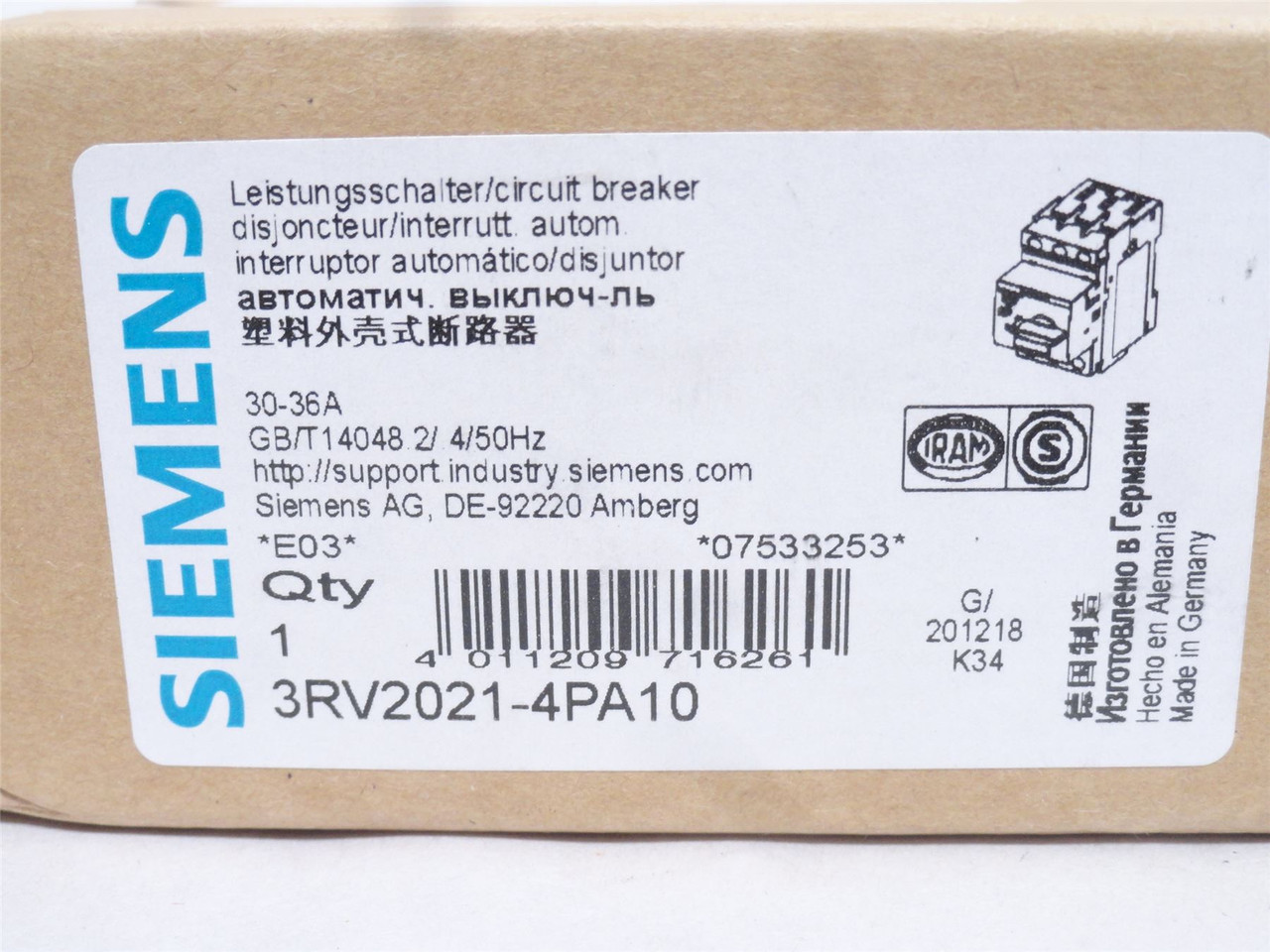 Siemens 3RV2021-4PA10; Manual Motor Starter; 30-36A; 3P; 600V