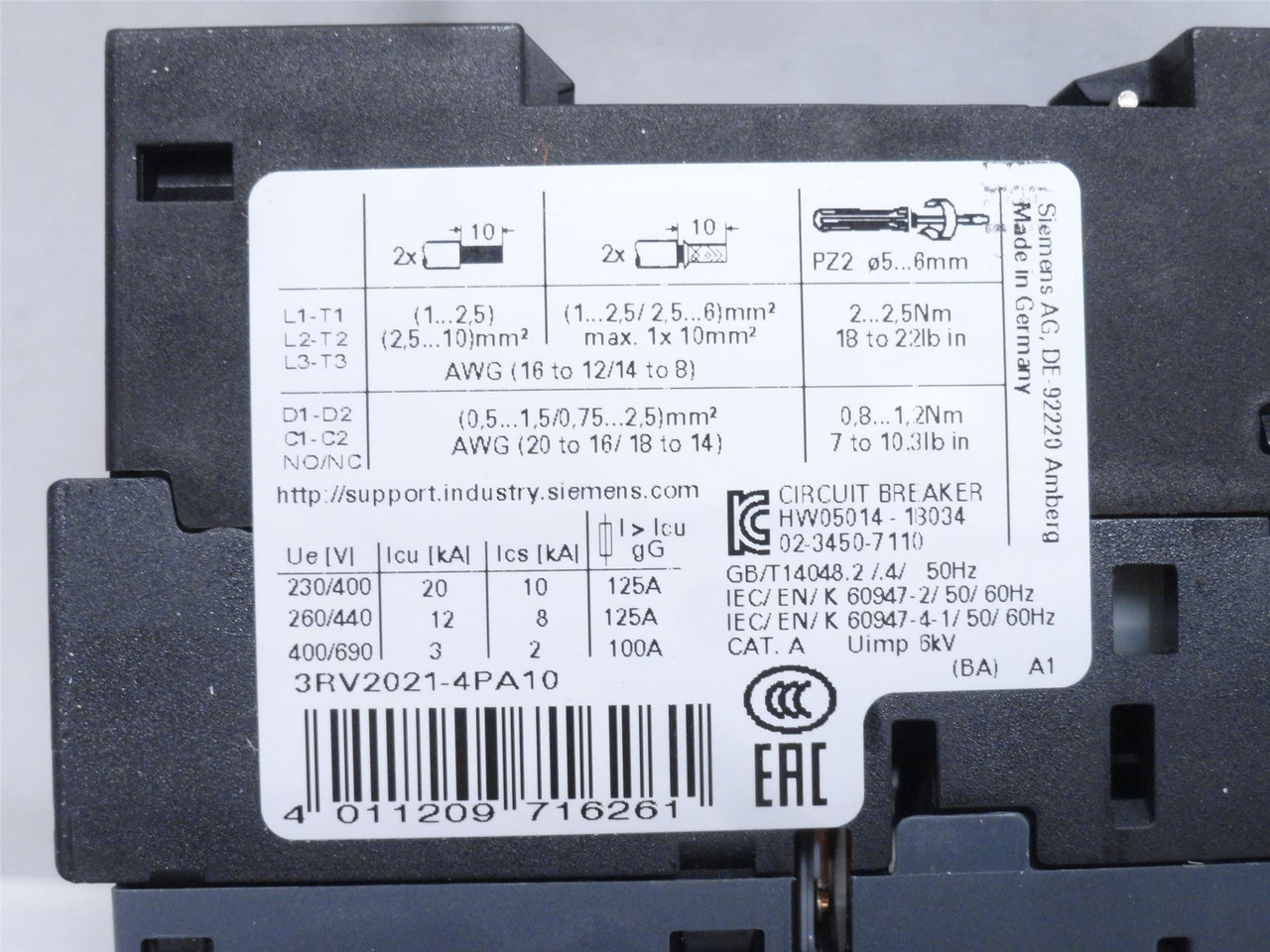 Siemens 3RV2021-4PA10; Manual Motor Starter; 30-36A; 3P; 600V