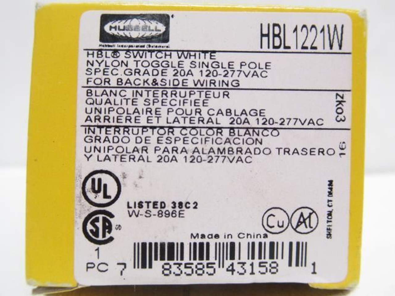 Hubbell HBL1221W; Toggle Wall Switch; 20A; 120/277VAC; 1P