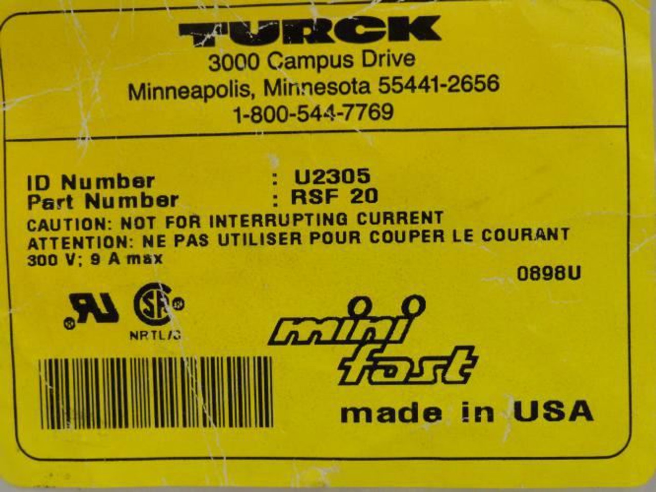 Turck RSF 20; Mini-Fast Receptacle; U2305; 2-Wire