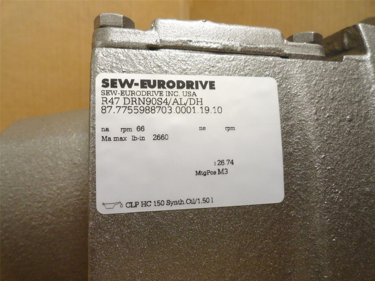 SEW R47DRN90S4/AL/DH; AC Gear Motor; 26.74"1 Ratio; 1-1/2HP