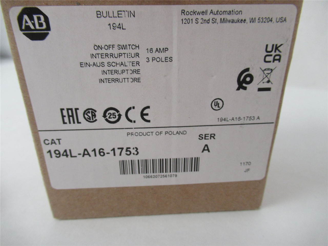 Allen-Bradley 194L-A16-1753;  Load Switch16 A3 PolesOFF ON 90
