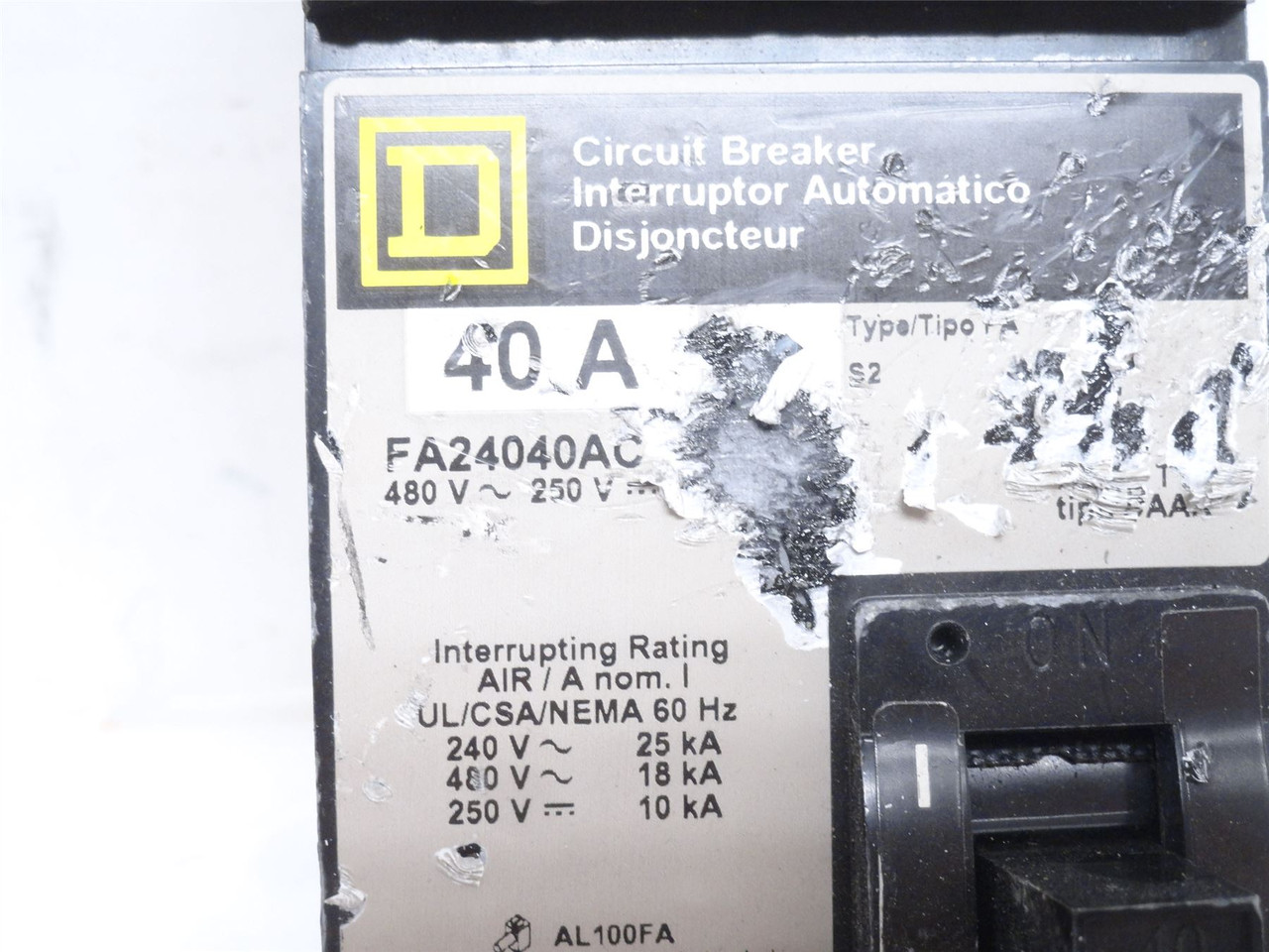 Square D FA24040AC; Circuit Breaker; 40A; 2P; 240/480VAC