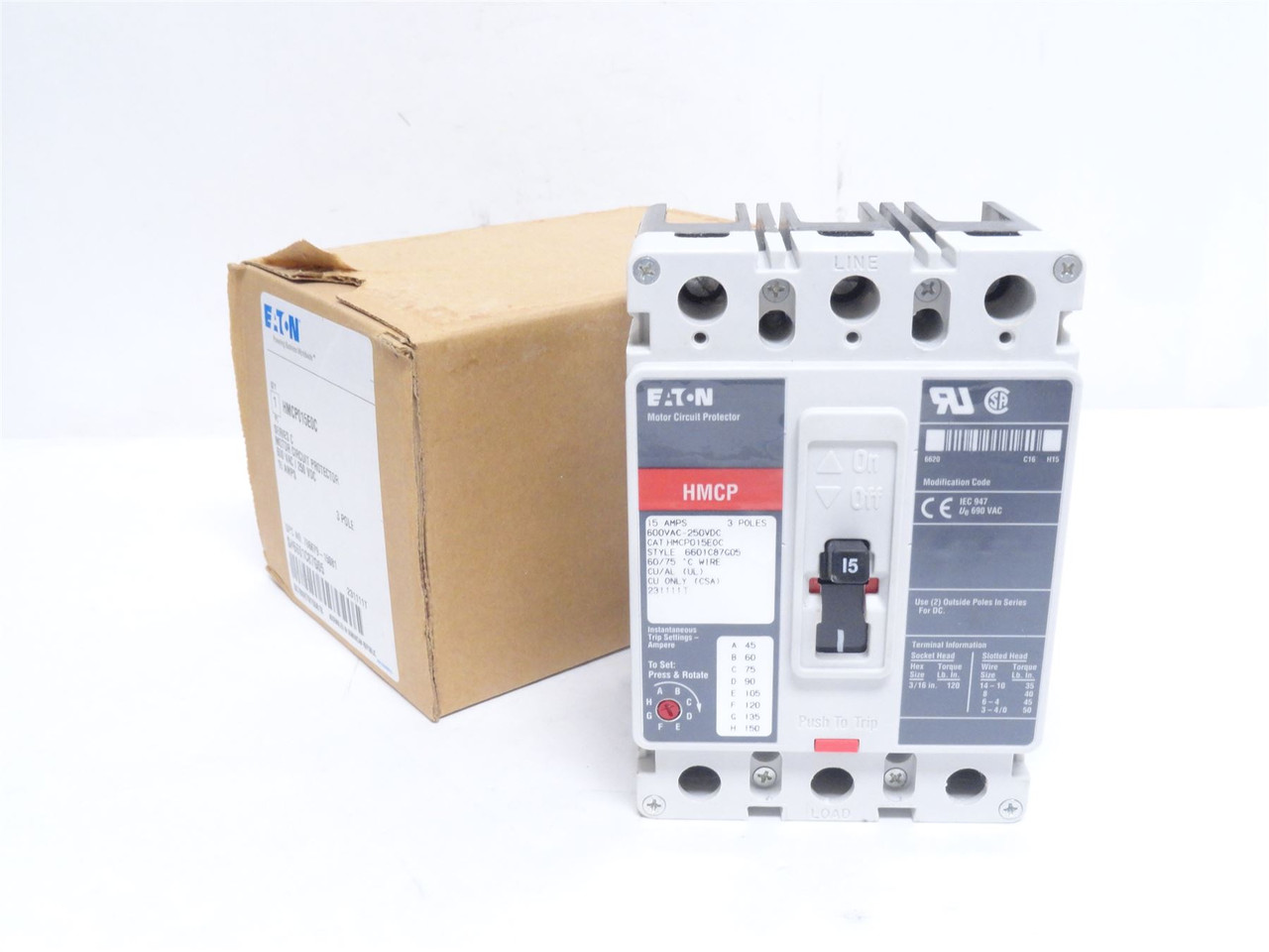 Eaton HMCP015E0C; Circuit Breaker; 15A; 3P; 600VAC/250VDC
