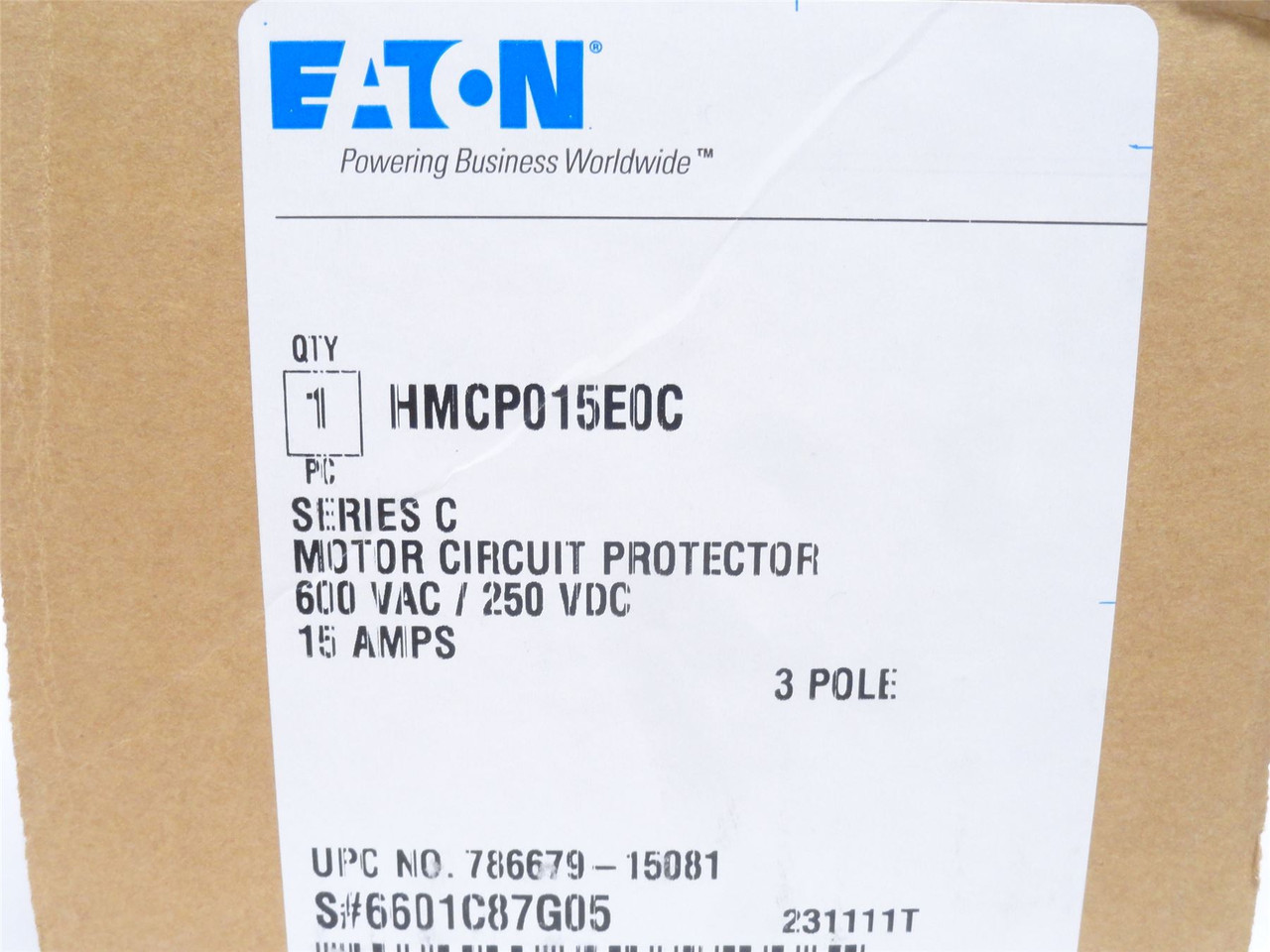 Eaton HMCP015E0C; Circuit Breaker; 15A; 3P; 600VAC/250VDC