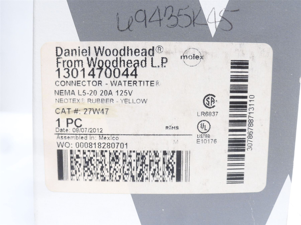 Woodhead 1301470044; Watertight Locking Connector 27W47; 20A