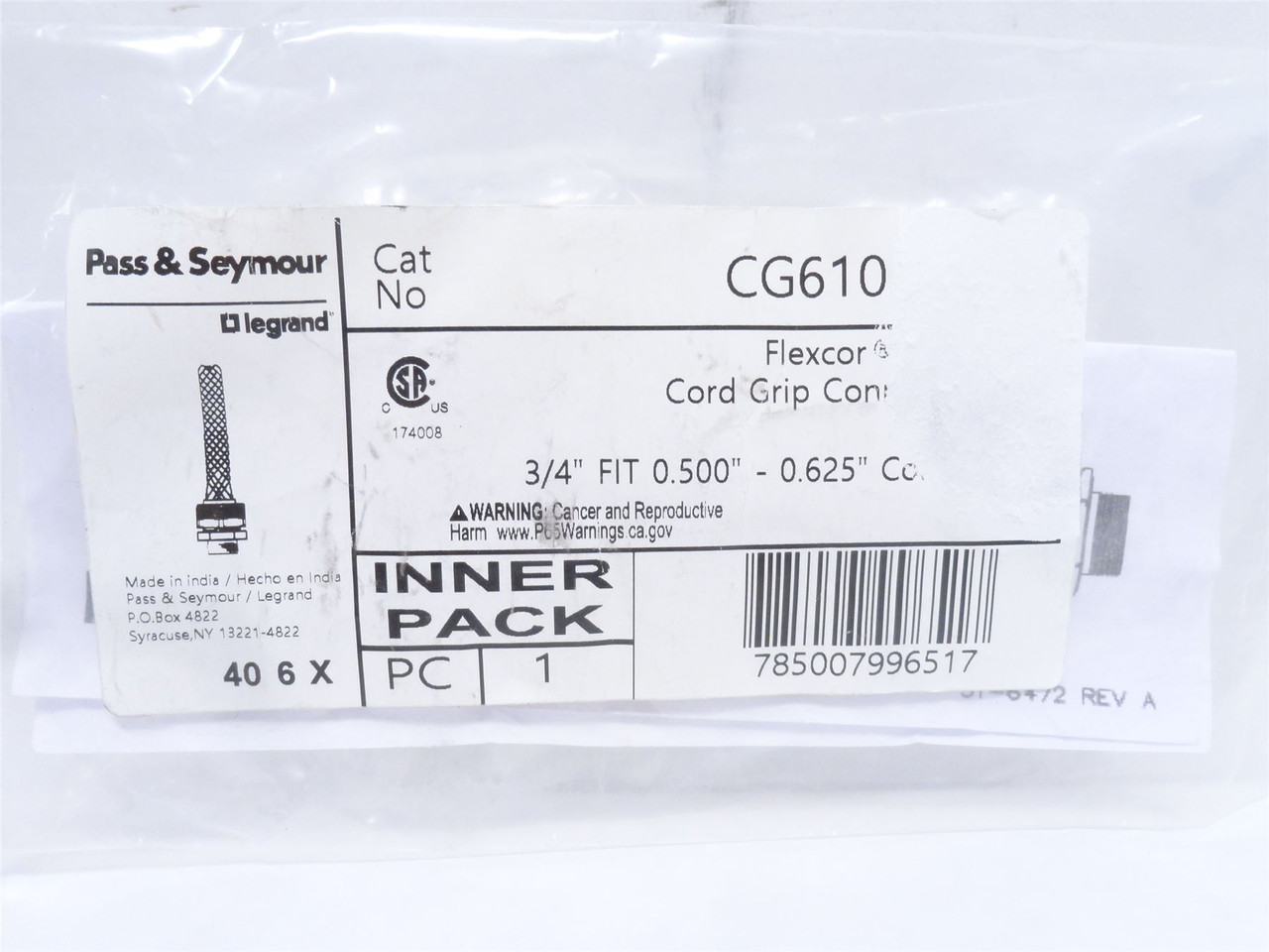 P and S CG610; Strain Relief Cordgrip cable .5-.625"; 3/4NPT