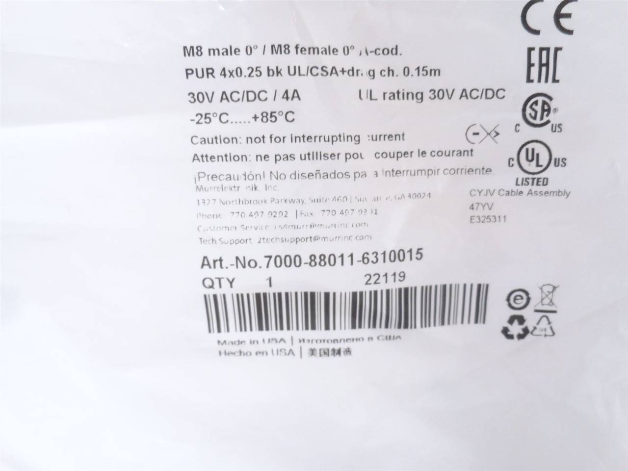 Murr 7000-88011-6310015; Actuator Cable; M8; 9-1/2" Long