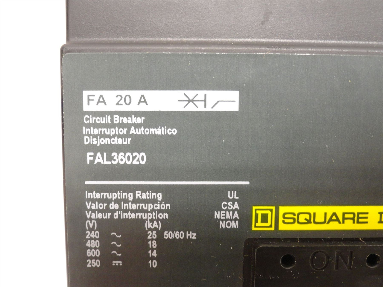 Square D FAL36020; Circuit Breaker; 20A; 3-Pole; 600VAC