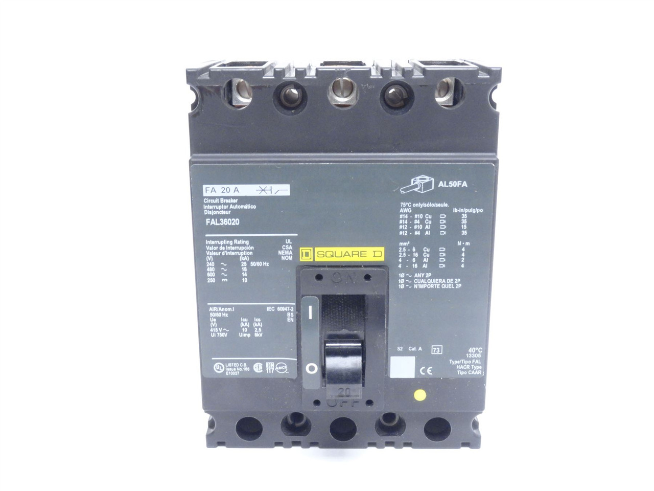 Square D FAL36020; Circuit Breaker; 20A; 3-Pole; 600VAC