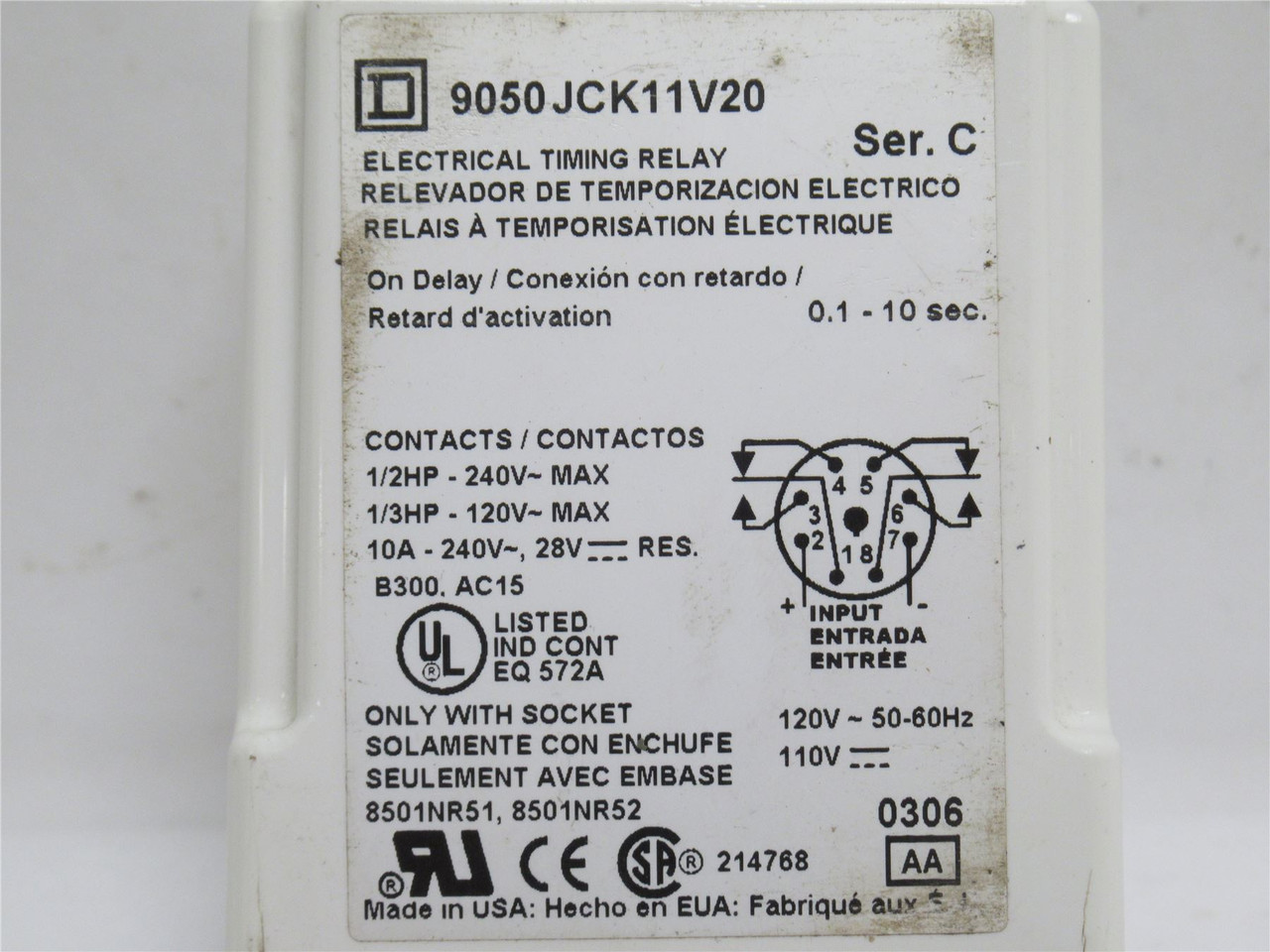 Square D 9050JCK11V20; Plug-In Timer; 0.1-10 Sec; 120VAC/110VDC