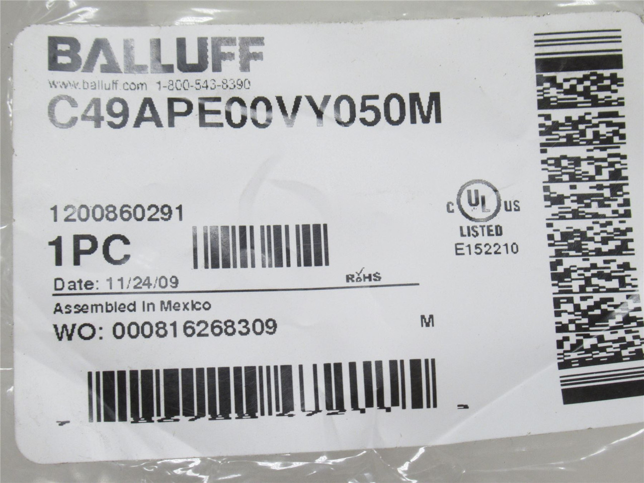 BALLUFF C49APE00VY050M; Connector Cable 1200860291; 3-Wire
