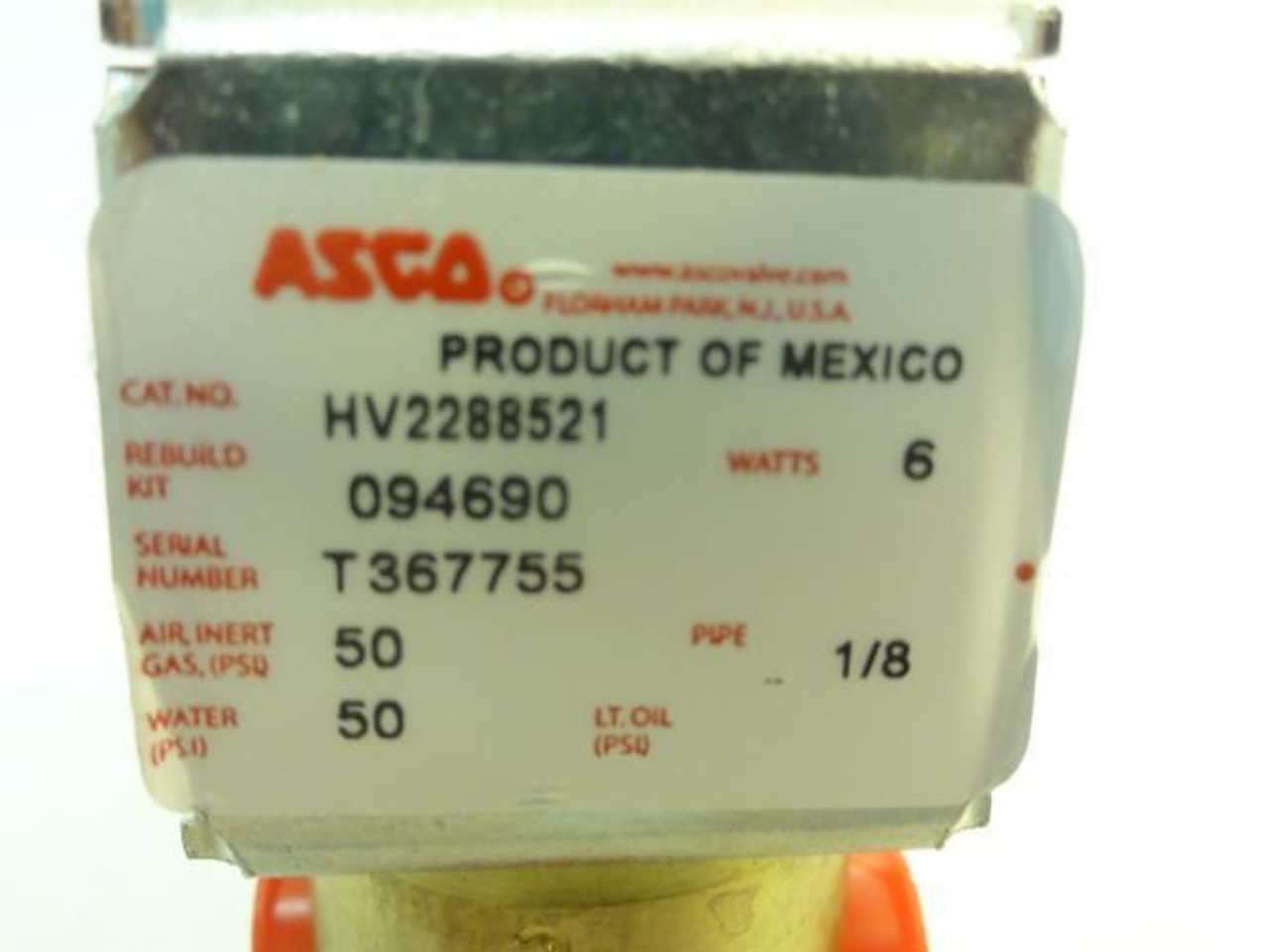 Asco HV2288521; Solenoid Valve; 6W; 50PSI; 1/8" NPT