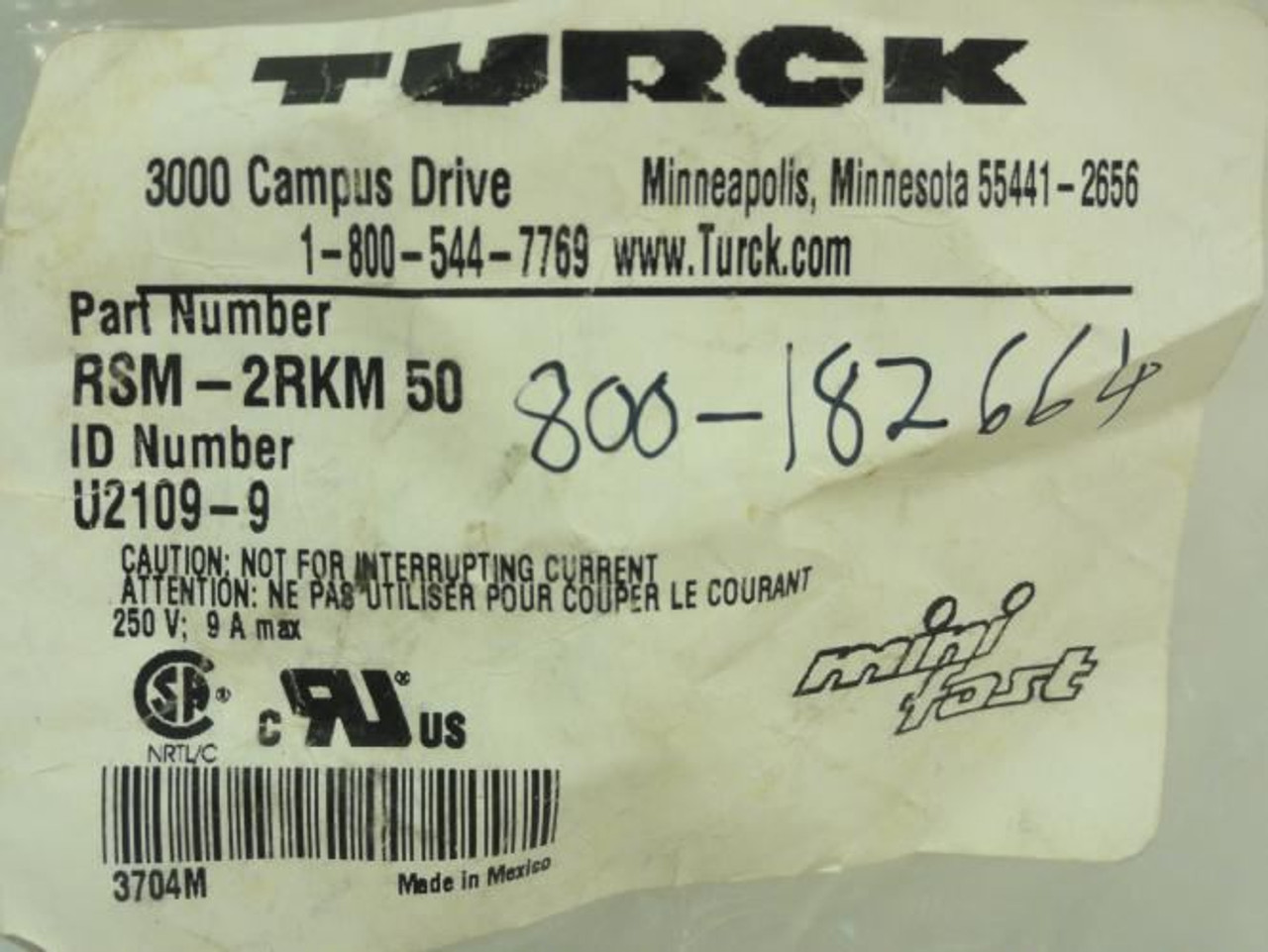 TURCK U2109-9; T-Connector; Mini Fast; 5-pin 250V; 9A Max