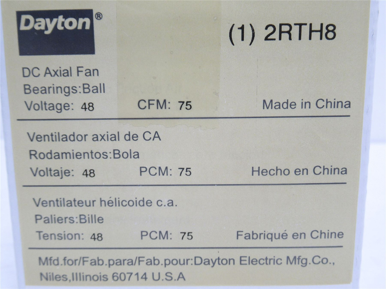 Dayton 2RTH8; Square Axial Fan 3-1/8" x 1-1/8"; 48VDC; 75CFM Dayton 2RTH8; Square Axial Fan 3-1/8" x 1-1/8"; 48VDC; 75CFM
