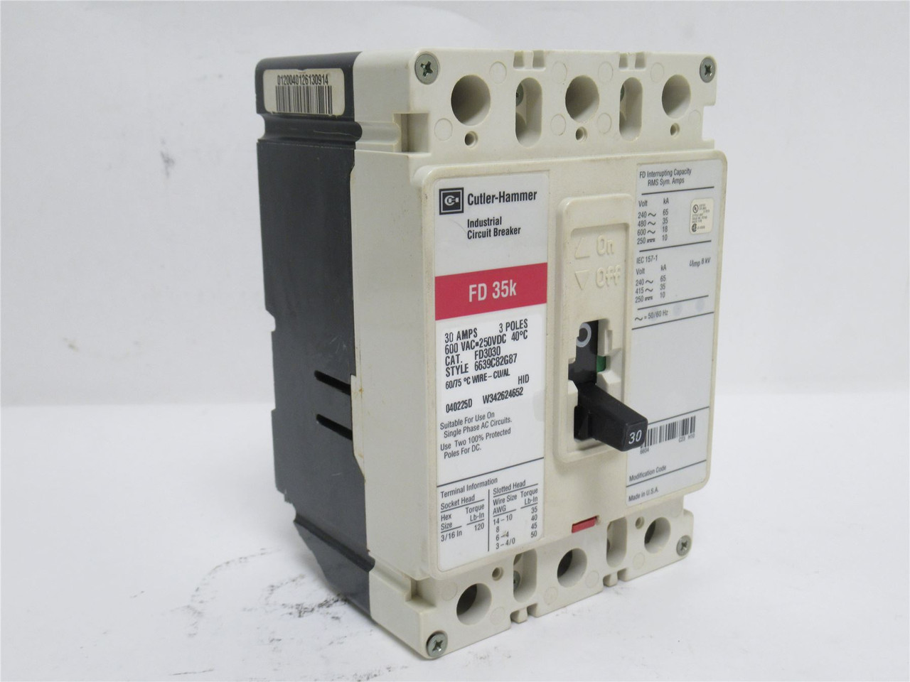 Cutler-Hammer FD3030; Circuit Breaker 30A 3P 600V Case Damage