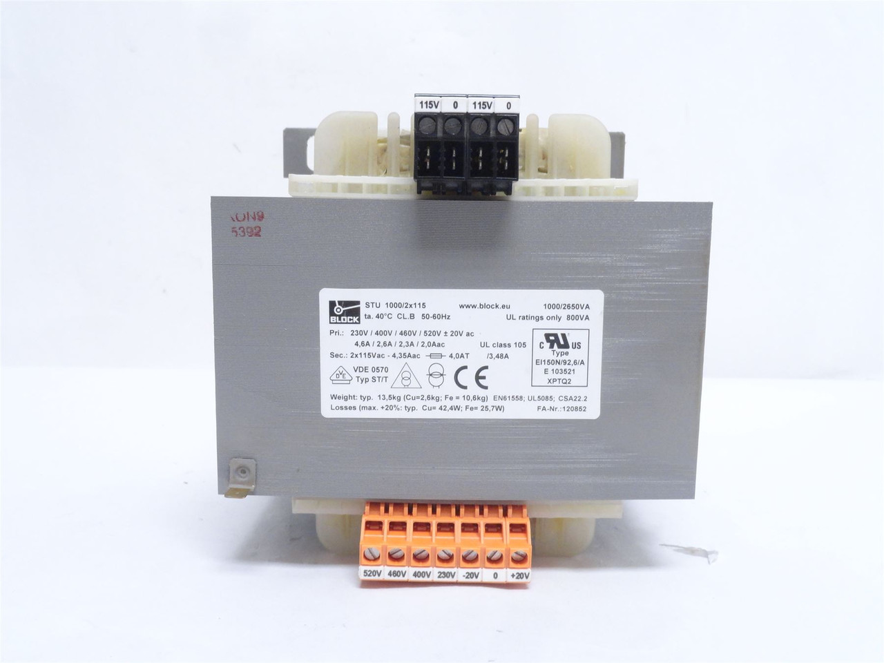 Block STU 1000/2x115; Transformer 1000vA Secondary 2 x 115VAC