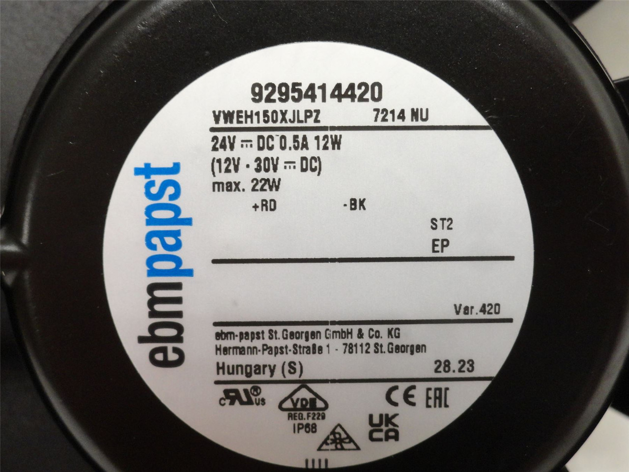 ebmpapst VWEH150XJLPZ; Axial Fan; 24VDC; 1/2A; 12W ebmpapst VWEH150XJLPZ; Axial Fan; 24VDC; 1/2A; 12W