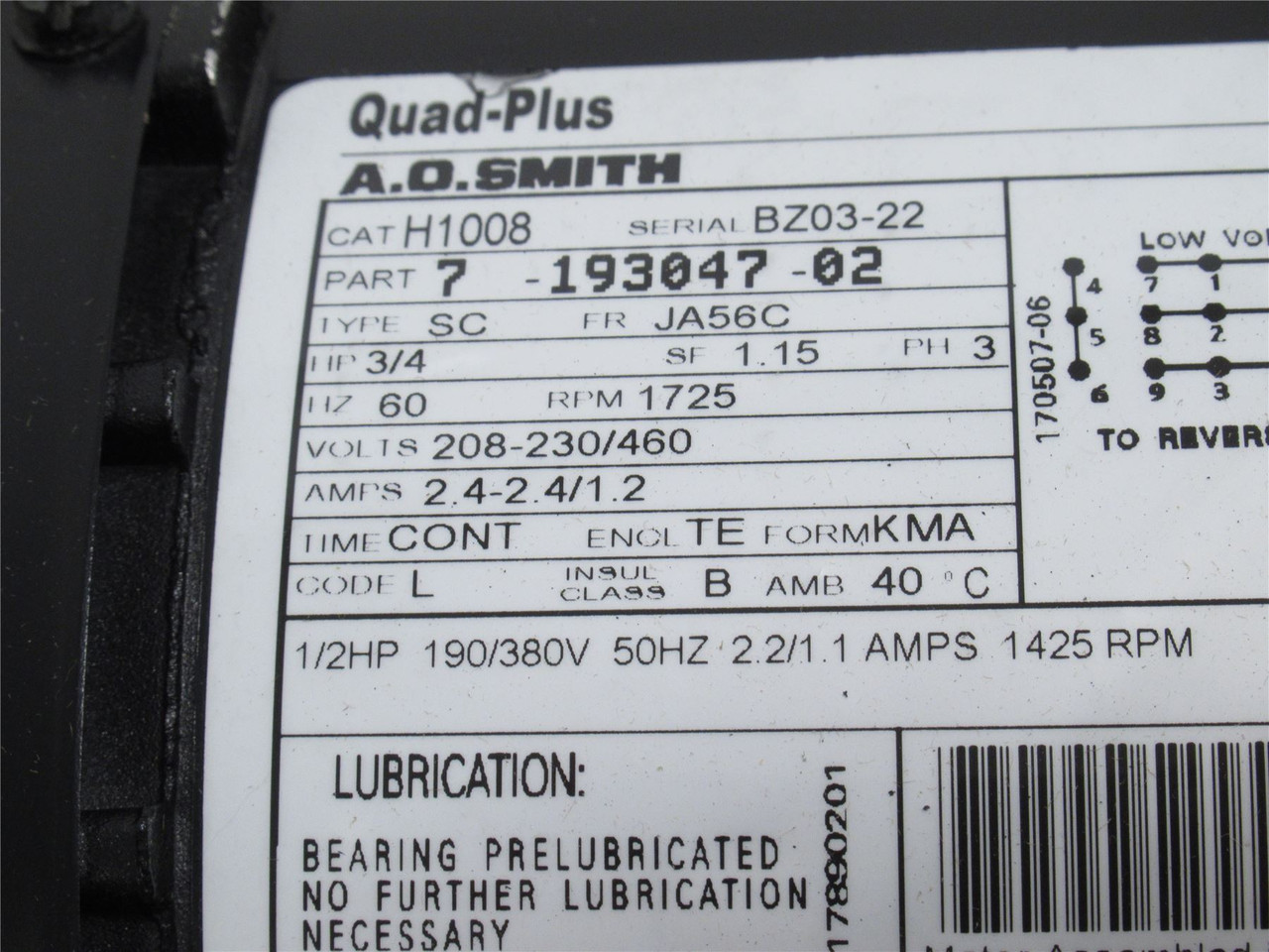 AO Smith H1008; AC Motor; 3/4HP; 208-230/460V; 1725RPM; 3PH