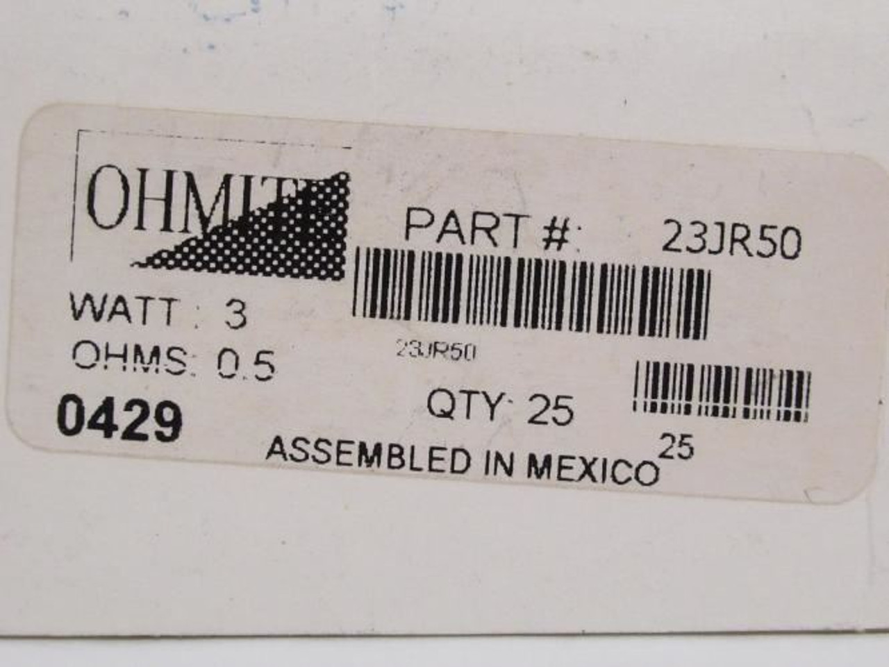 Ohmite 23JR50; Box-25. Wirewound Resistors; 0.5ohms; 3 Watt Ohmite 23JR50; Box-25. Wirewound Resistors; 0.5ohms; 3 Watt