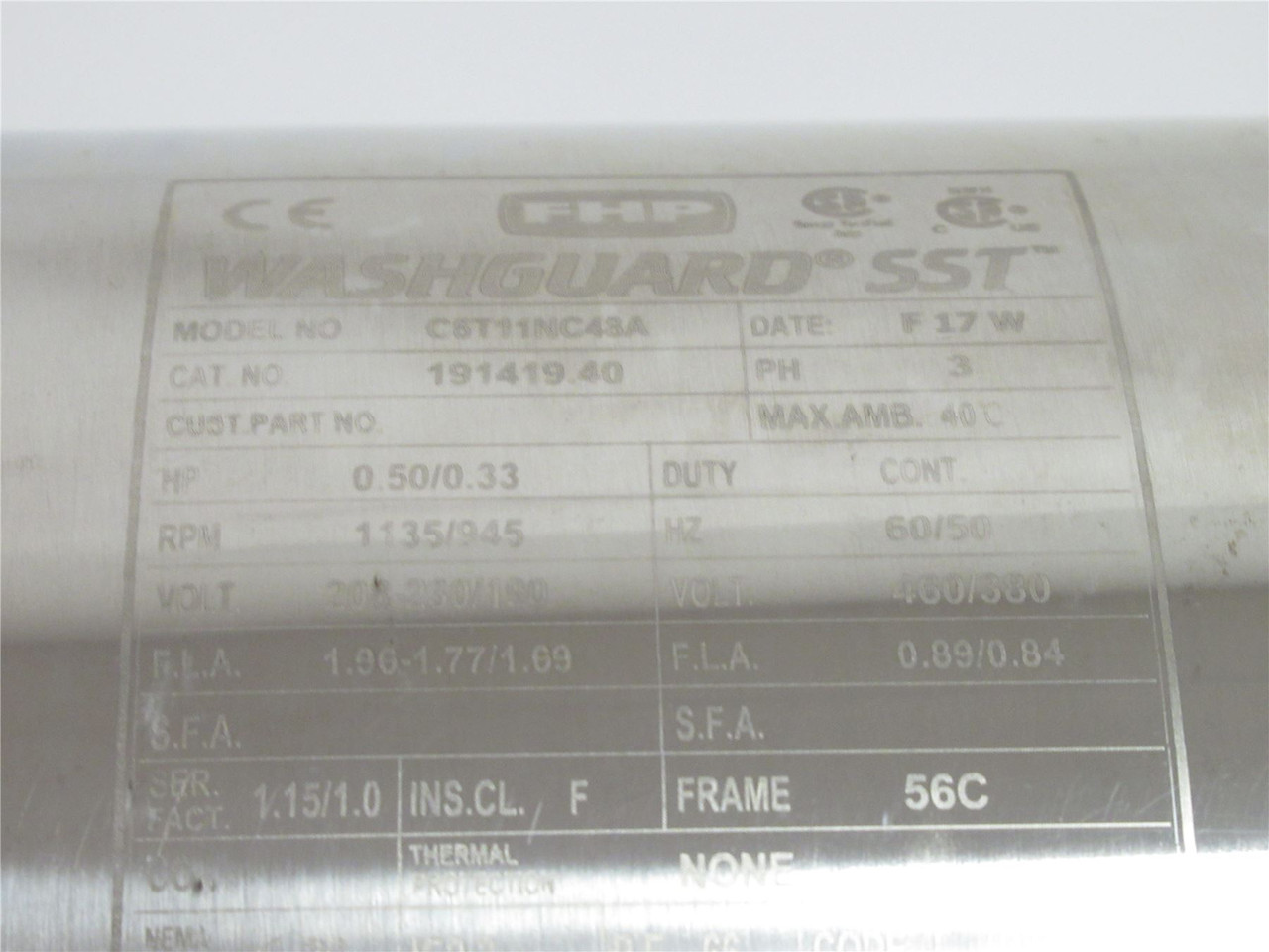 FHP C6T11NC43A; Washdown Motor; 0.50/0.33HP; 208-230/190V;3Ph