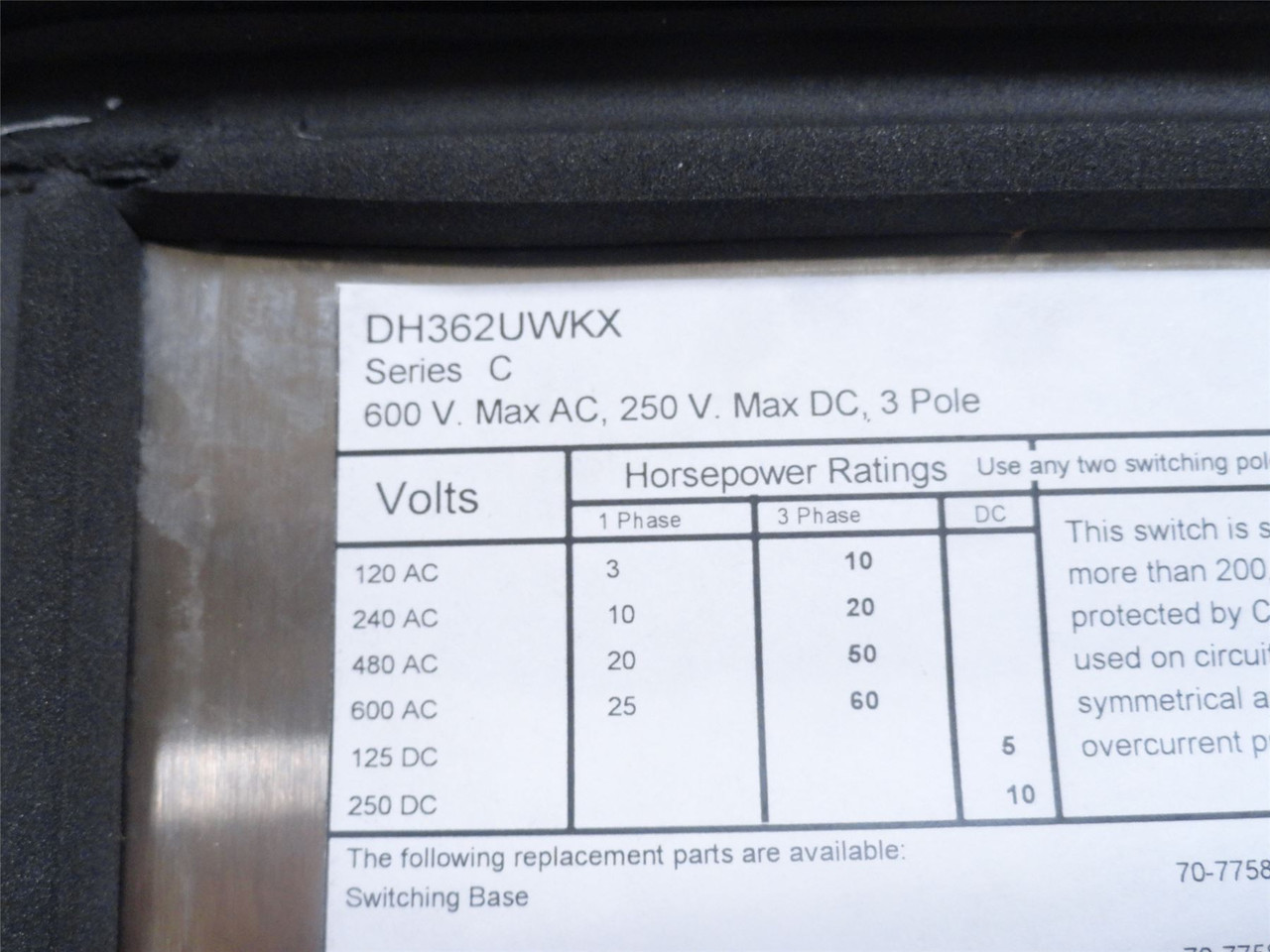 Eaton DH362UWKX; Non-Fused Safety Switch; 60A; 600VAC; 3-Pole