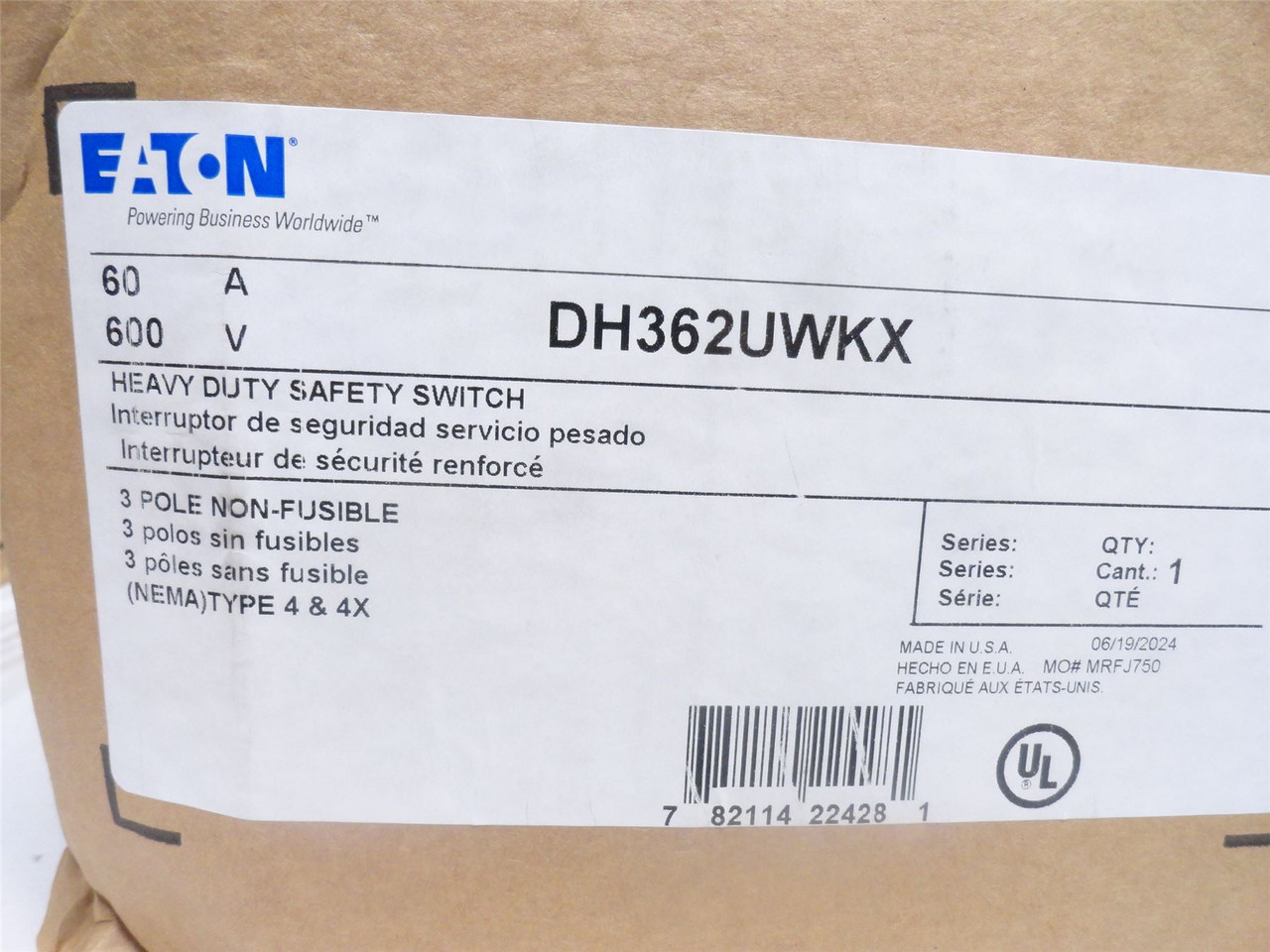 Eaton DH362UWKX; Non-Fused Safety Switch; 60A; 600VAC; 3-Pole
