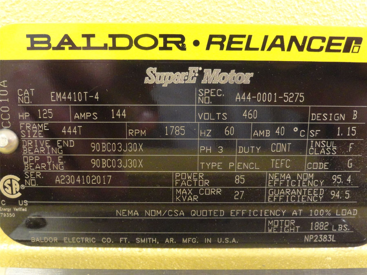 Baldor EM4410T-4; AC Motor 125HP 460VAC 1785RPM 3PH
