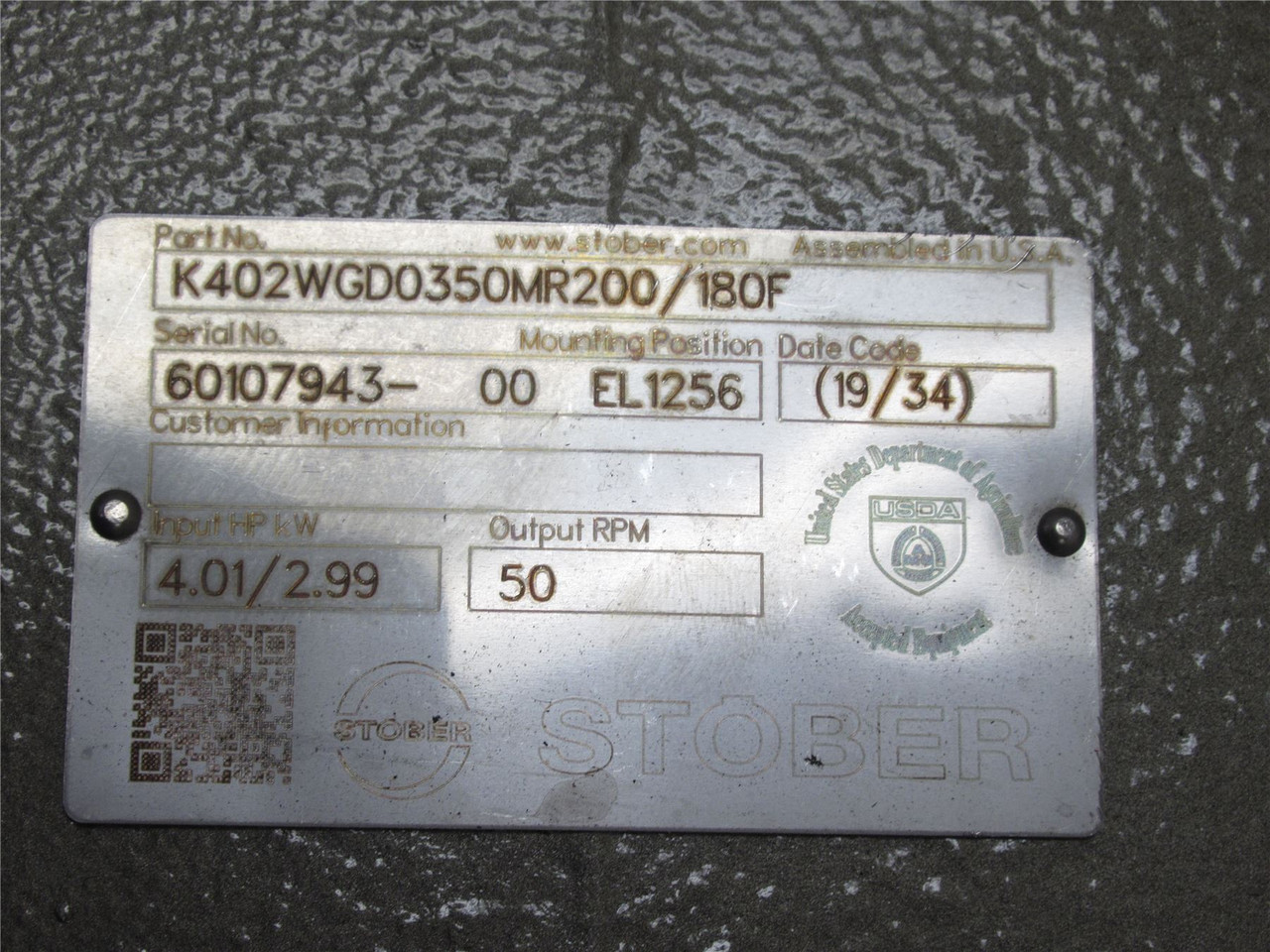 Stober K402WGD0350MR200/180F; Gearbox; 50RPM Output