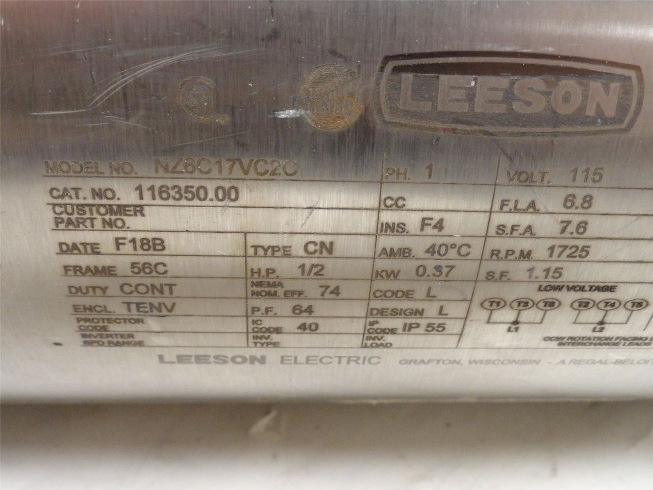 Leeson NZ6C17VC2C; AC Motor 116350.00 1/2HP; 208-230V; 1725RPM