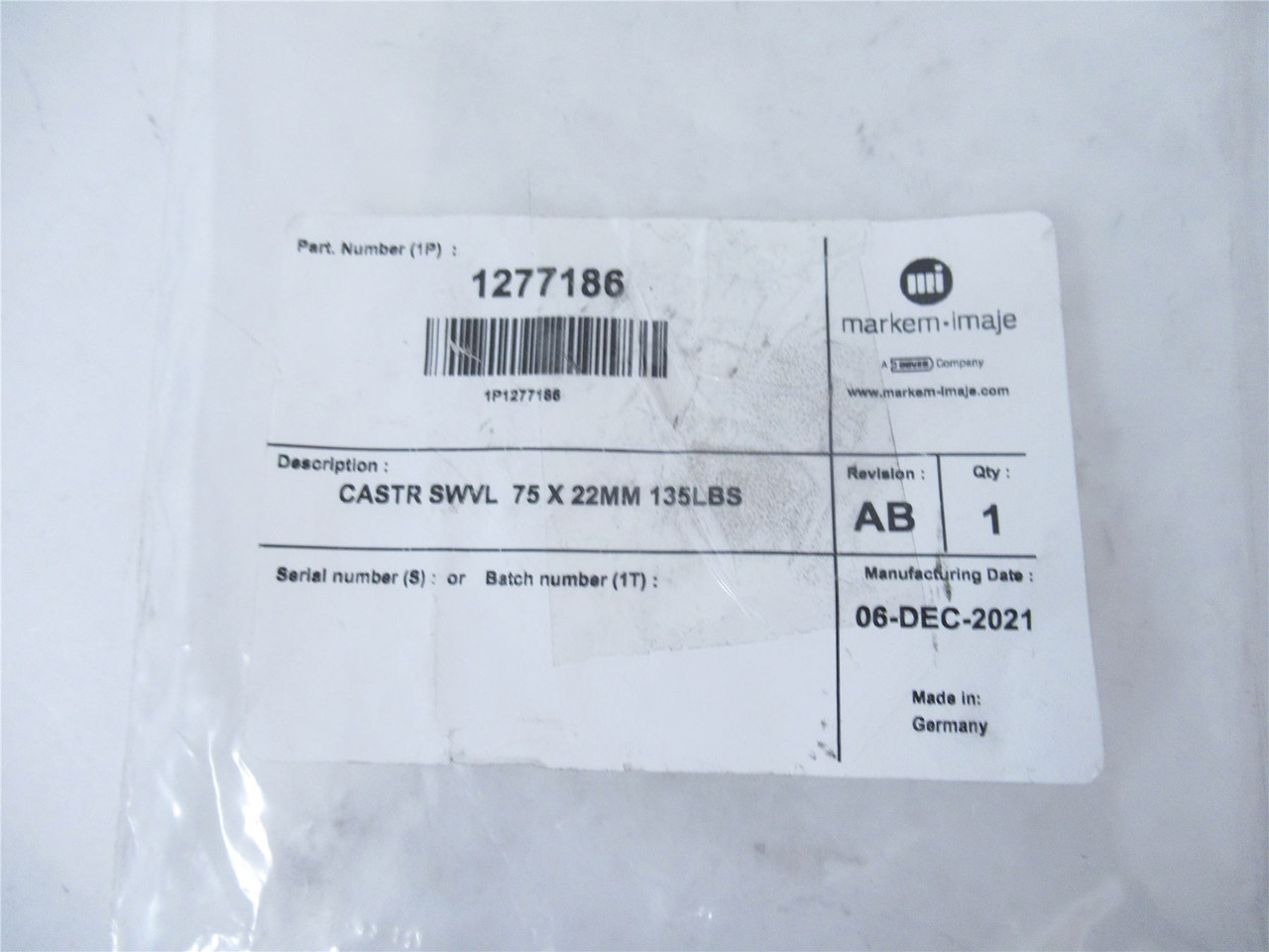 Markem 1277186; Swivel Caster Wheel 75 x22mm 135lbs