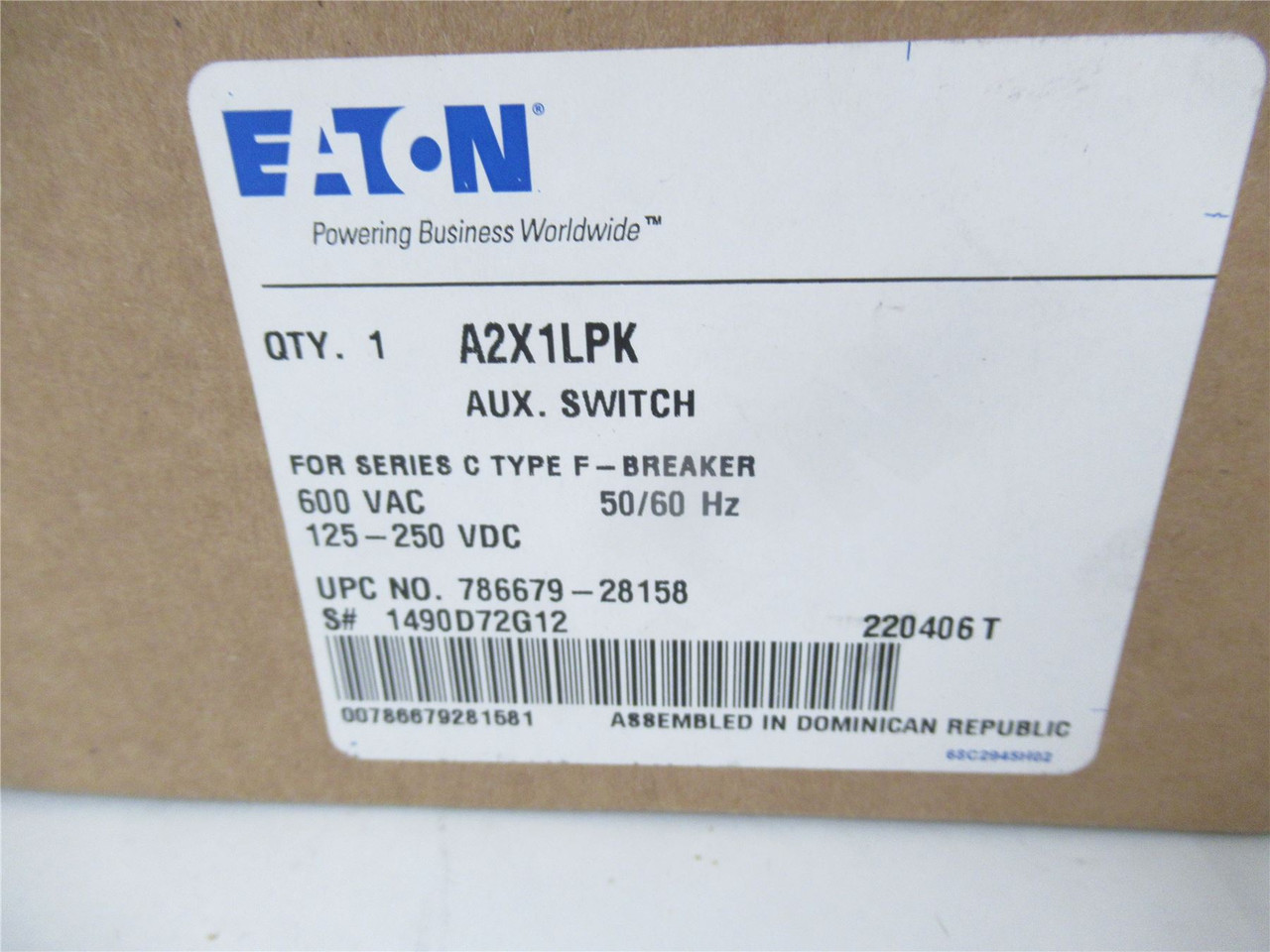 Eaton A2X1LPK; Auxillary Switch 600VAC 50/60Hz 125-250 VDC