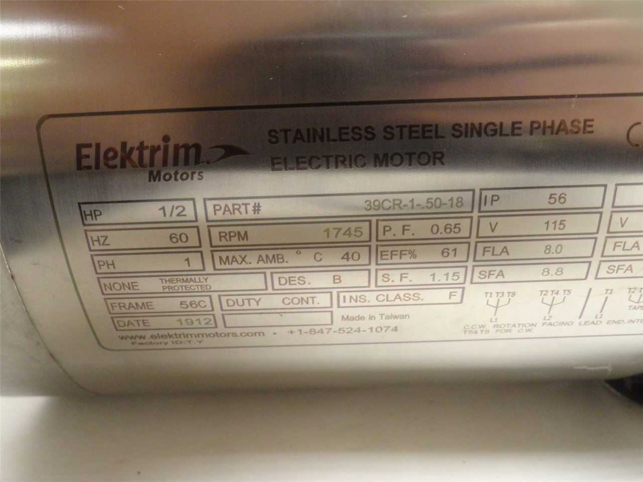 Elektrim 39CR-1-.50-18; AC Motor SS; 1/2HP; 115-230V; 1745RPM