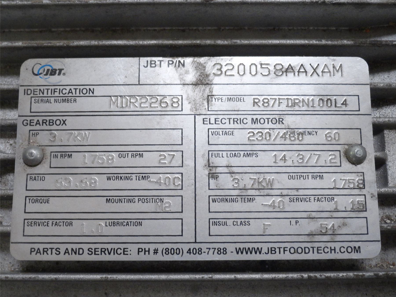 JBT 320058AAXAM; AC Gearmotor; 63.68:1 Ratio; 3.7kW; 230/460V JBT 320058AAXAM; AC Gearmotor; 63.68:1 Ratio; 3.7kW; 230/460V