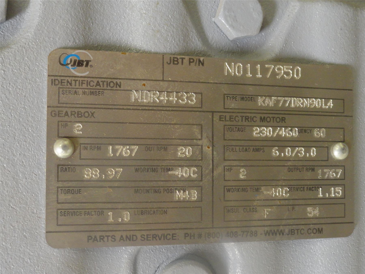 JBT N0117950; AC Gearmotor; 88.97:1 Ratio; 2HP; 230/460V; 60Hz JBT N0117950; AC Gearmotor; 88.97:1 Ratio; 2HP; 230/460V; 60Hz