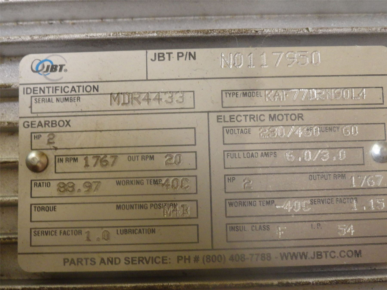 JBT N0117950; AC Gearmotor; 88.97:1 Ratio; 2HP; 230/460V; 60Hz JBT N0117950; AC Gearmotor; 88.97:1 Ratio; 2HP; 230/460V; 60Hz