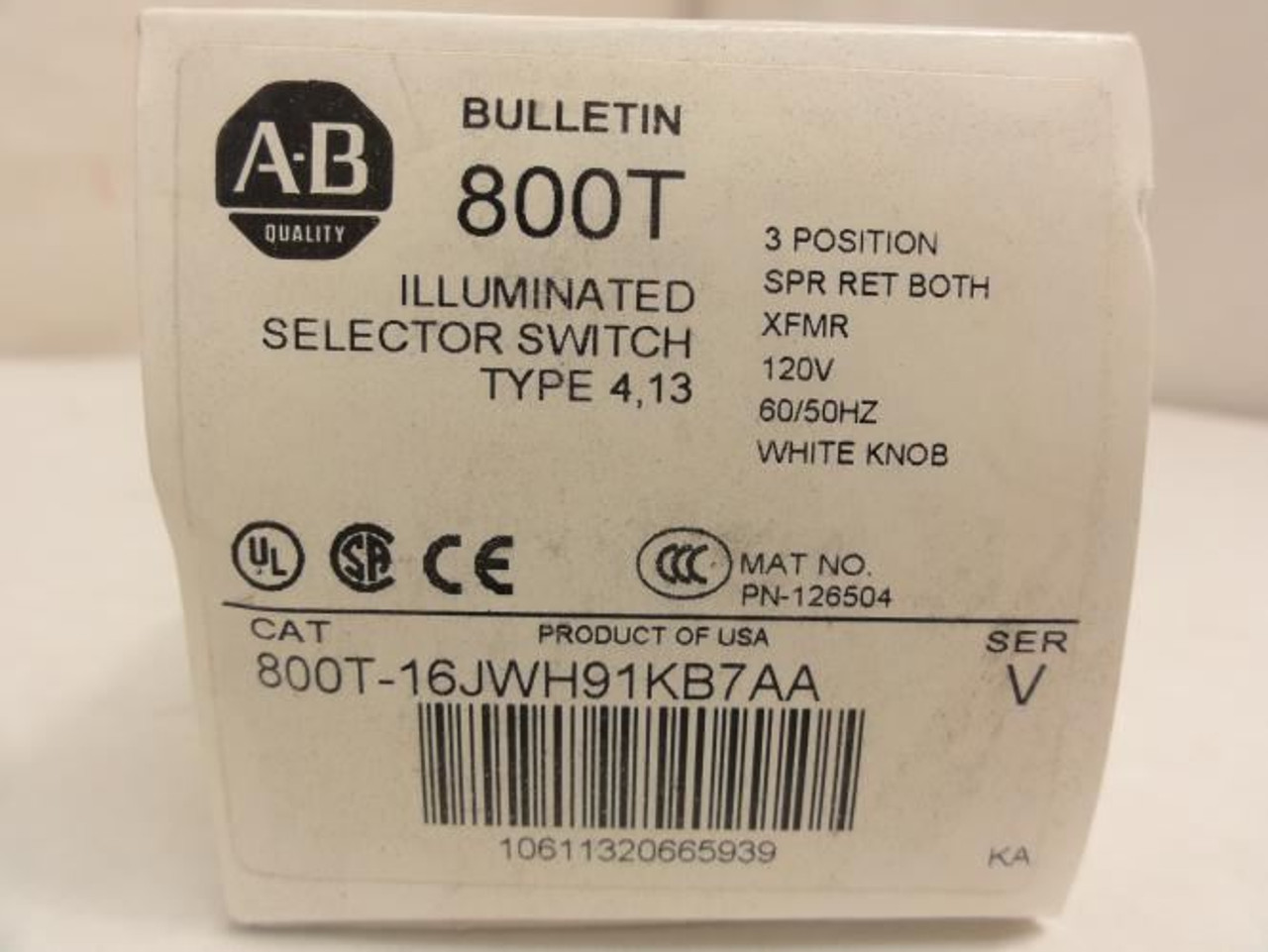 Allen-Bradley 800T-16JWH91KB7AA; Selector Switch; 120VAC; 3-Pos