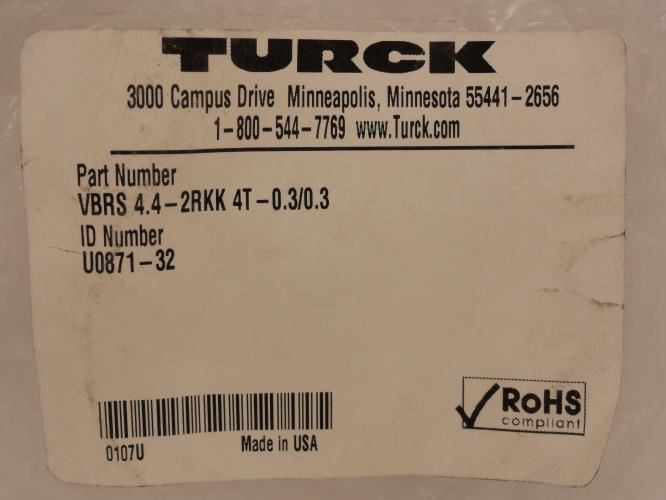 Turck U0871-32; Molded Cordset; VBRS4.4-2RKK4T-0.3/0.3