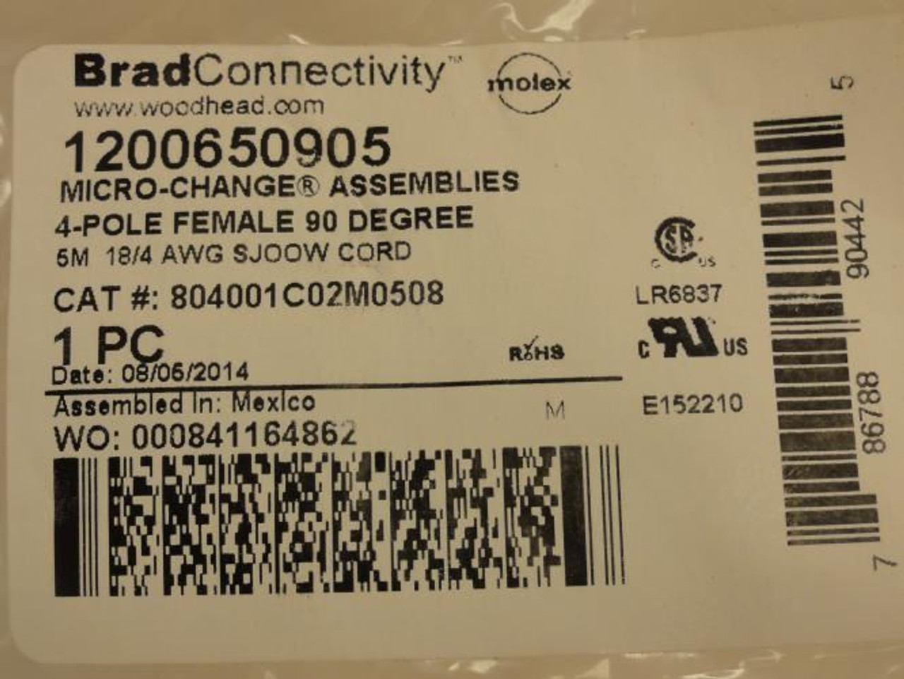 Woodhead 1200650905; Cordset; 804001C02M0508; 5M; 4P; 90Deg