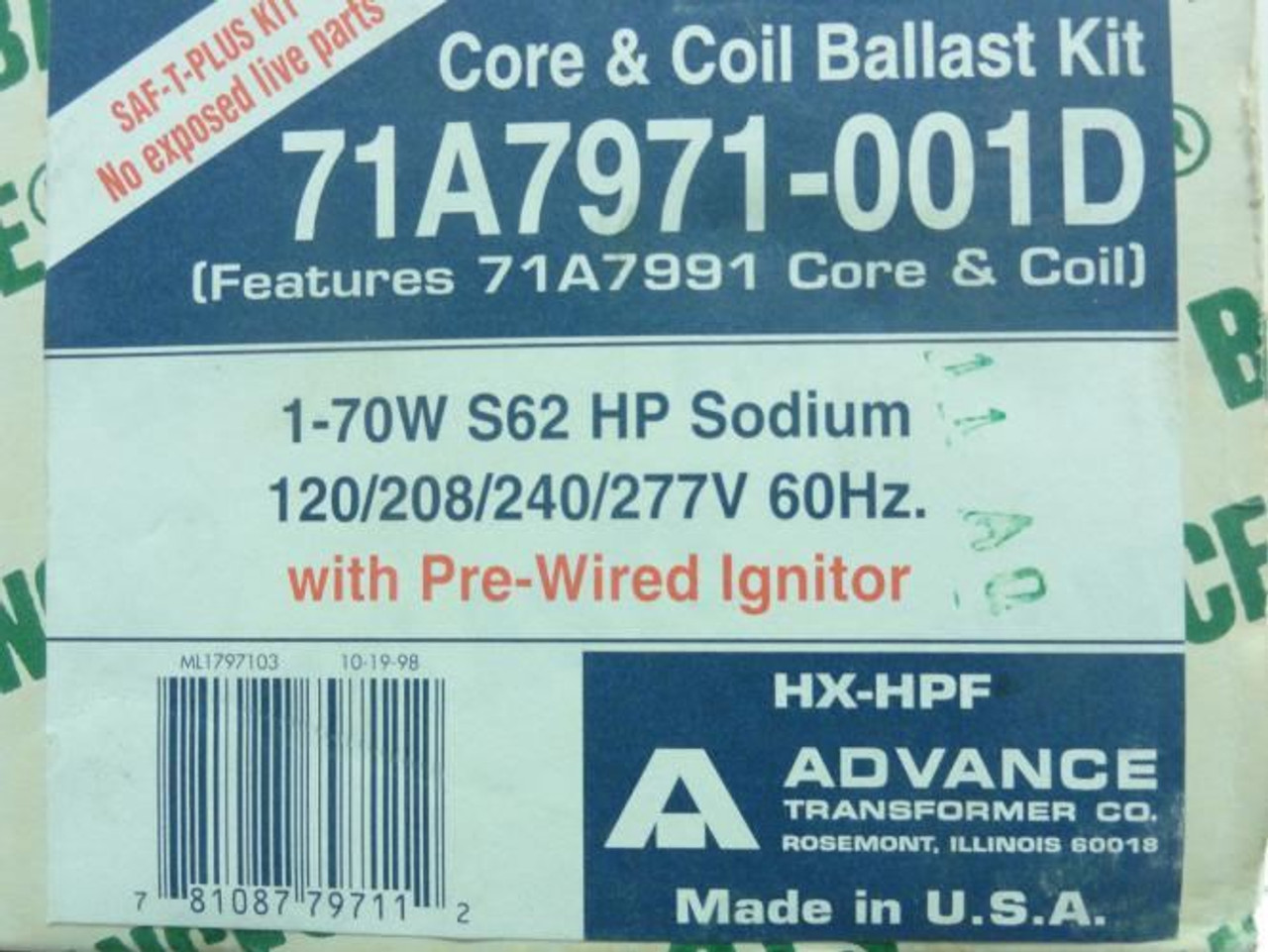 Advance Transformer 71A7971-001D; Core and Coil Ballast Kit; 70W Advance Transformer 71A7971-001D; Core and Coil Ballast Kit; 70W