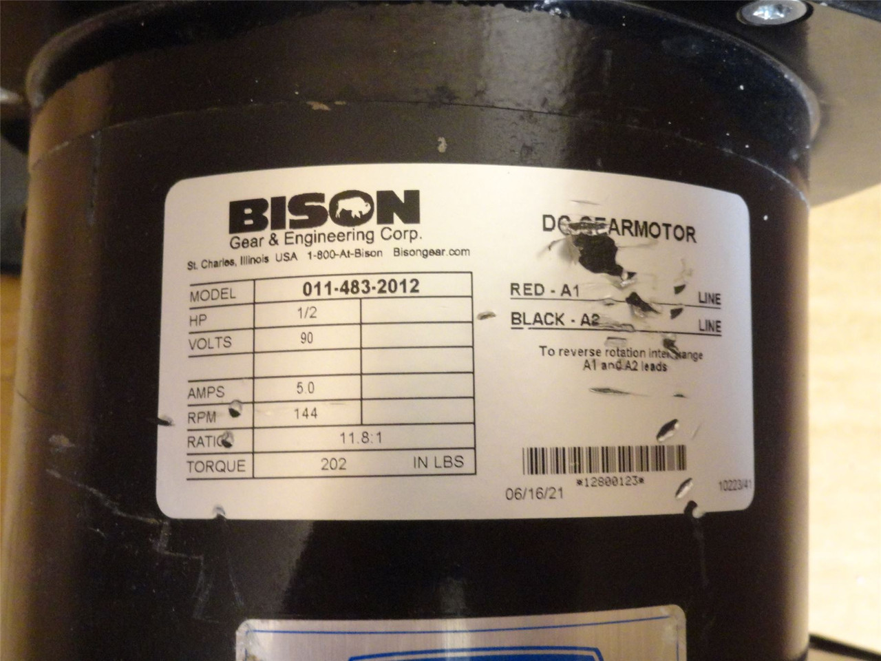 Bison 011-483-2012; DC Gearmotor; 11.8:1 Ratio; 1/2HP; 90VDC