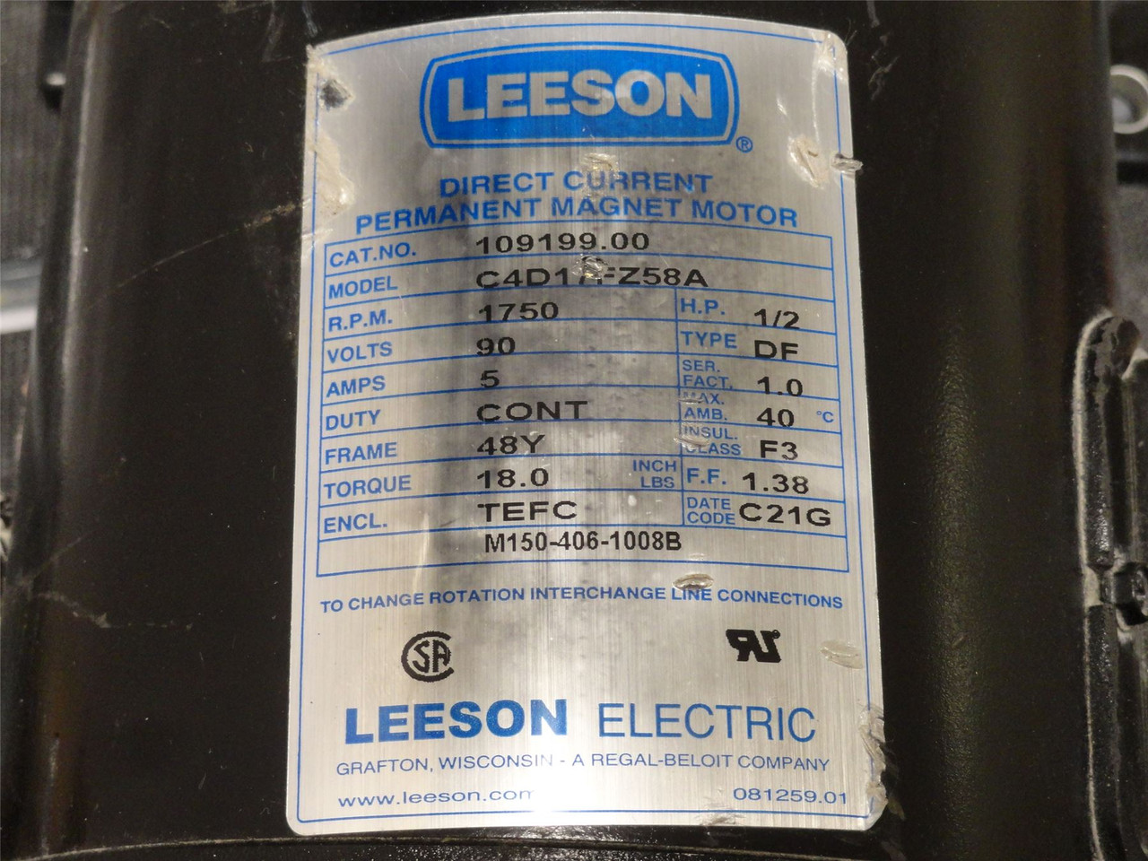 Bison 011-483-2012; DC Gearmotor; 11.8:1 Ratio; 1/2HP; 90VDC