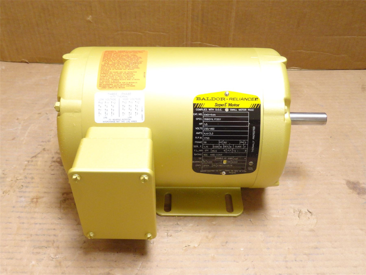 Baldor EM31154A; AC Motor; 1-1/2HP; 230/460V; 1800RPM; 3PH