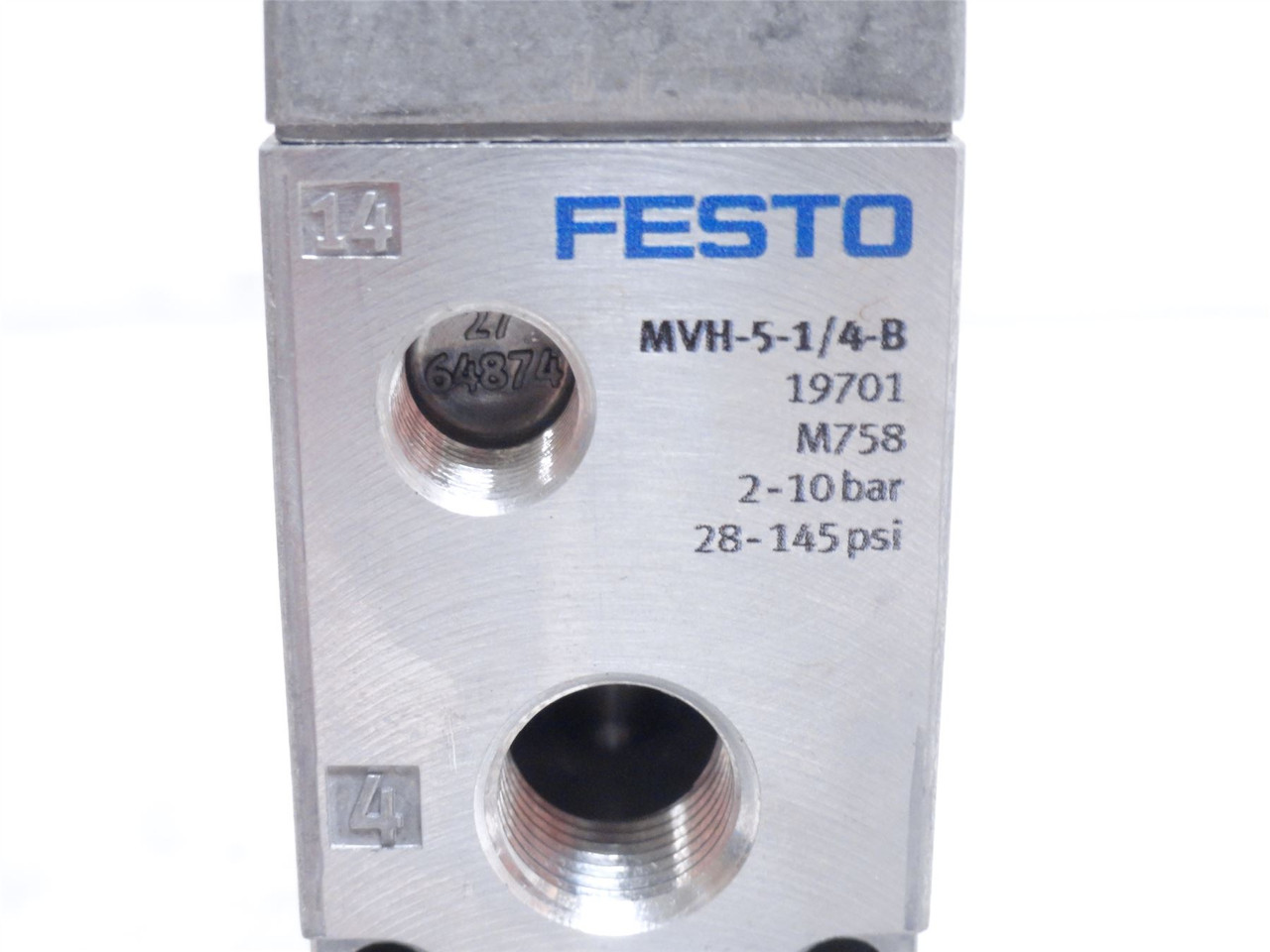 Festo MVH-5-1/4-B; Solenoid Valve 19701; 28-145PSI; 26.4VDC